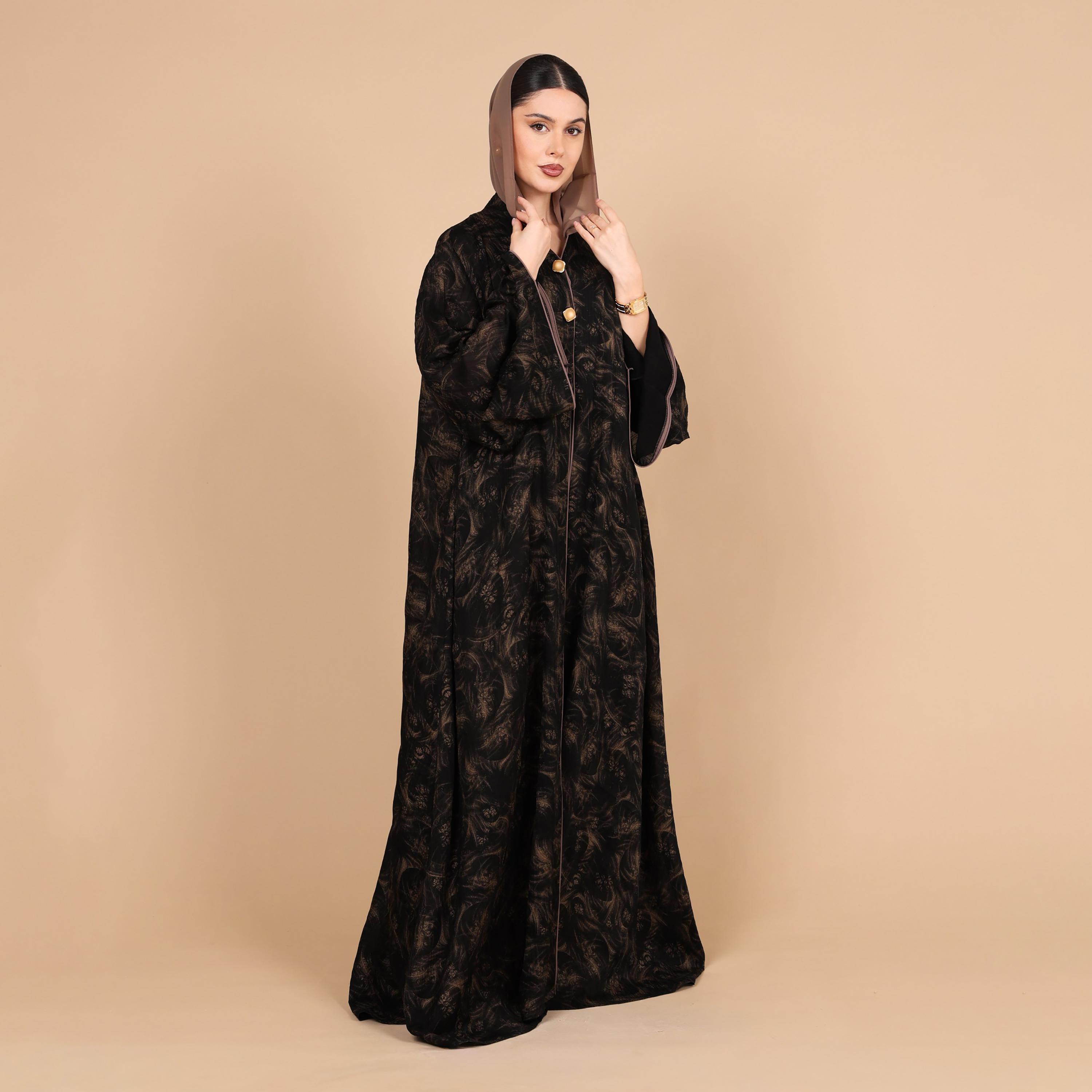 IKKXA Abstract Print Flared Sleeves Chiffon Foil Women's Abaya with Hijab-women-arabicclothing-abayas-image-4