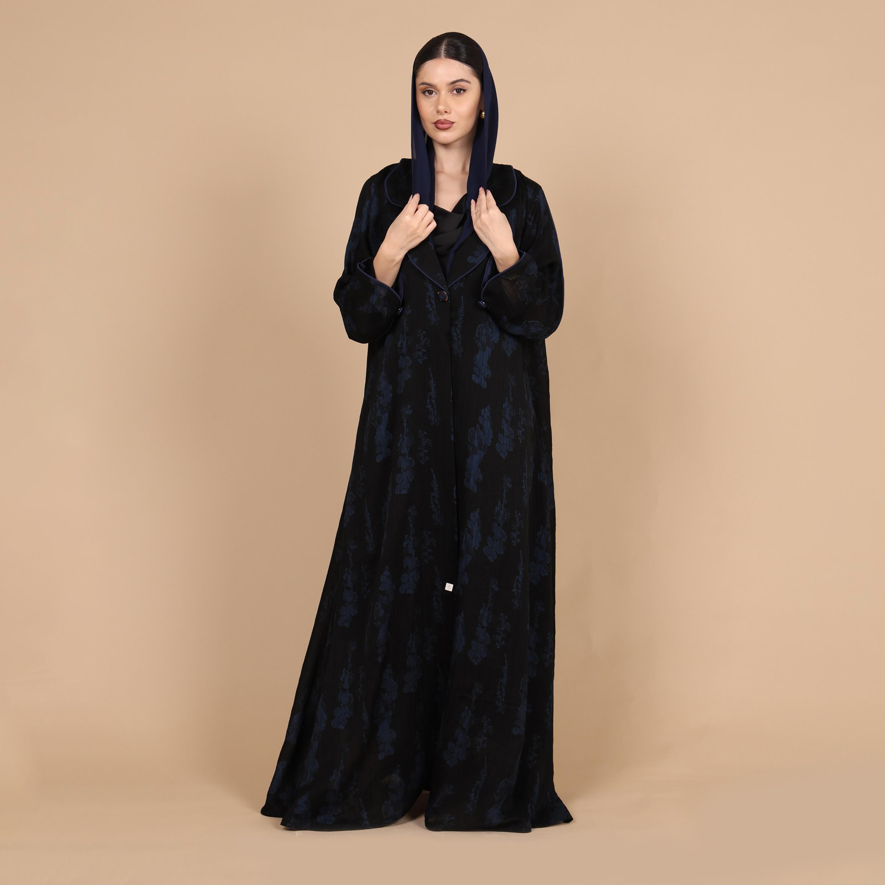 IKKXA Abstract Print Lapel Collar Jacquard Women's Abaya with Hijab-women-arabicclothing-abayas-image-1