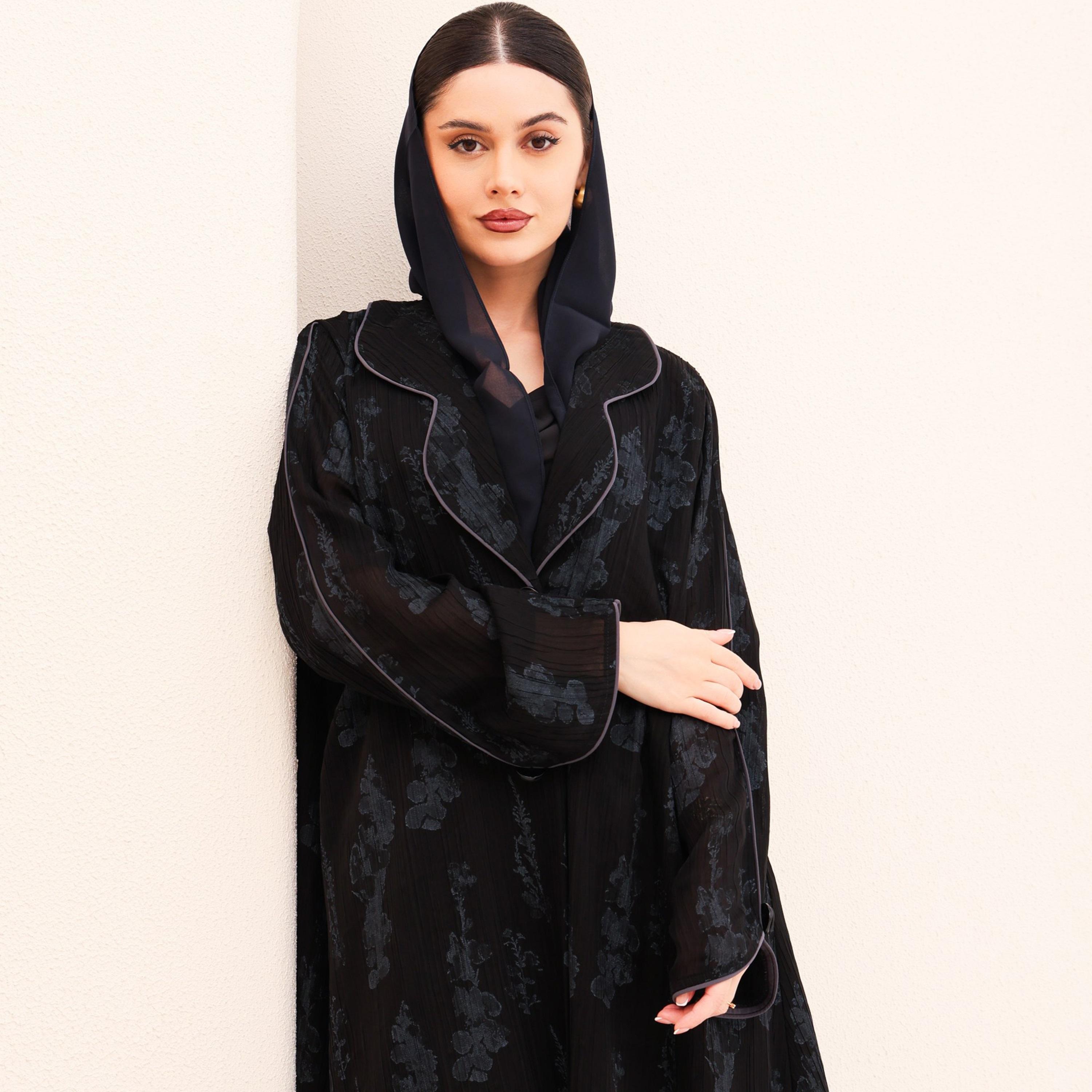 IKKXA Abstract Print Lapel Collar Jacquard Women's Abaya with Hijab-women-arabicclothing-abayas-image-2