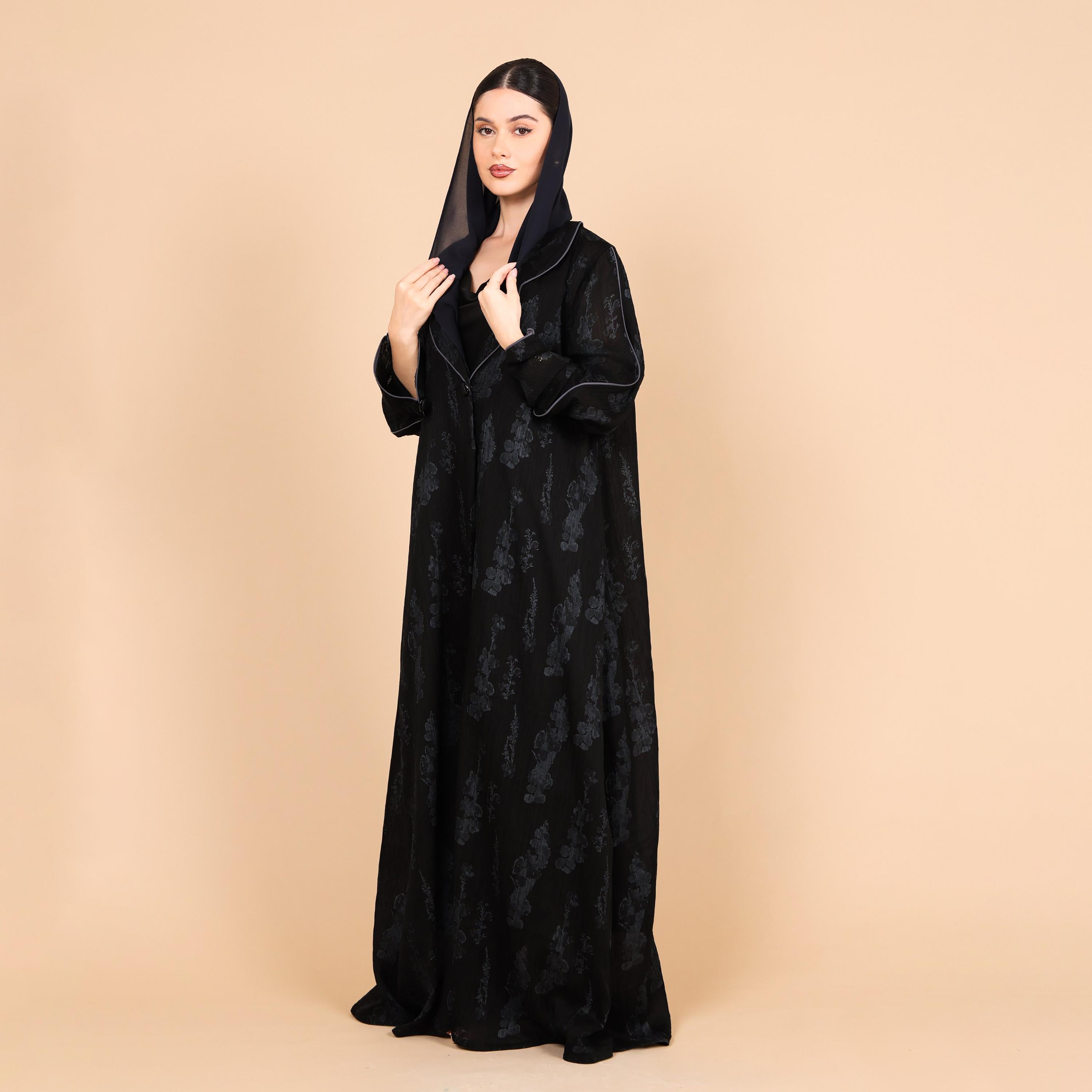 IKKXA Abstract Print Lapel Collar Jacquard Women's Abaya with Hijab-women-arabicclothing-abayas-image-3