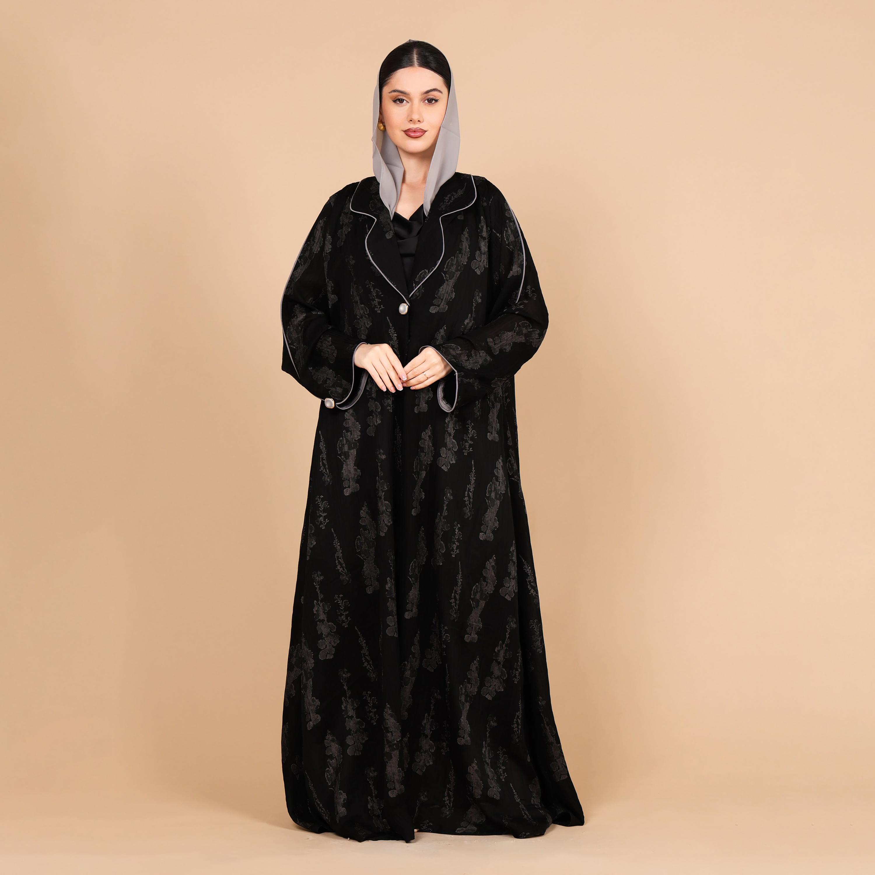 IKKXA Abstract Print Lapel Collar Jacquard Women's Abaya with Hijab-women-arabicclothing-abayas-image-1