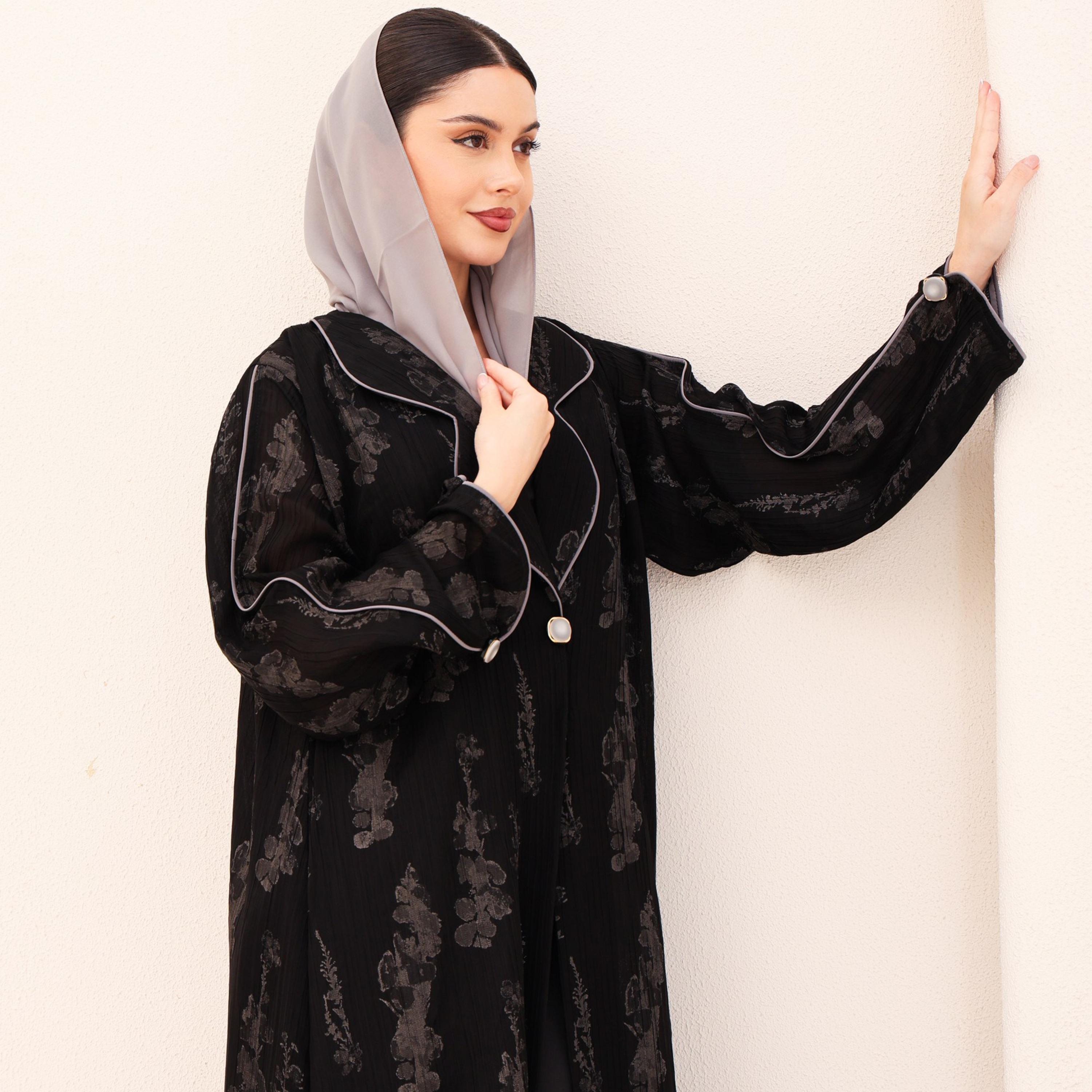 IKKXA Abstract Print Lapel Collar Jacquard Women's Abaya with Hijab-women-arabicclothing-abayas-image-2