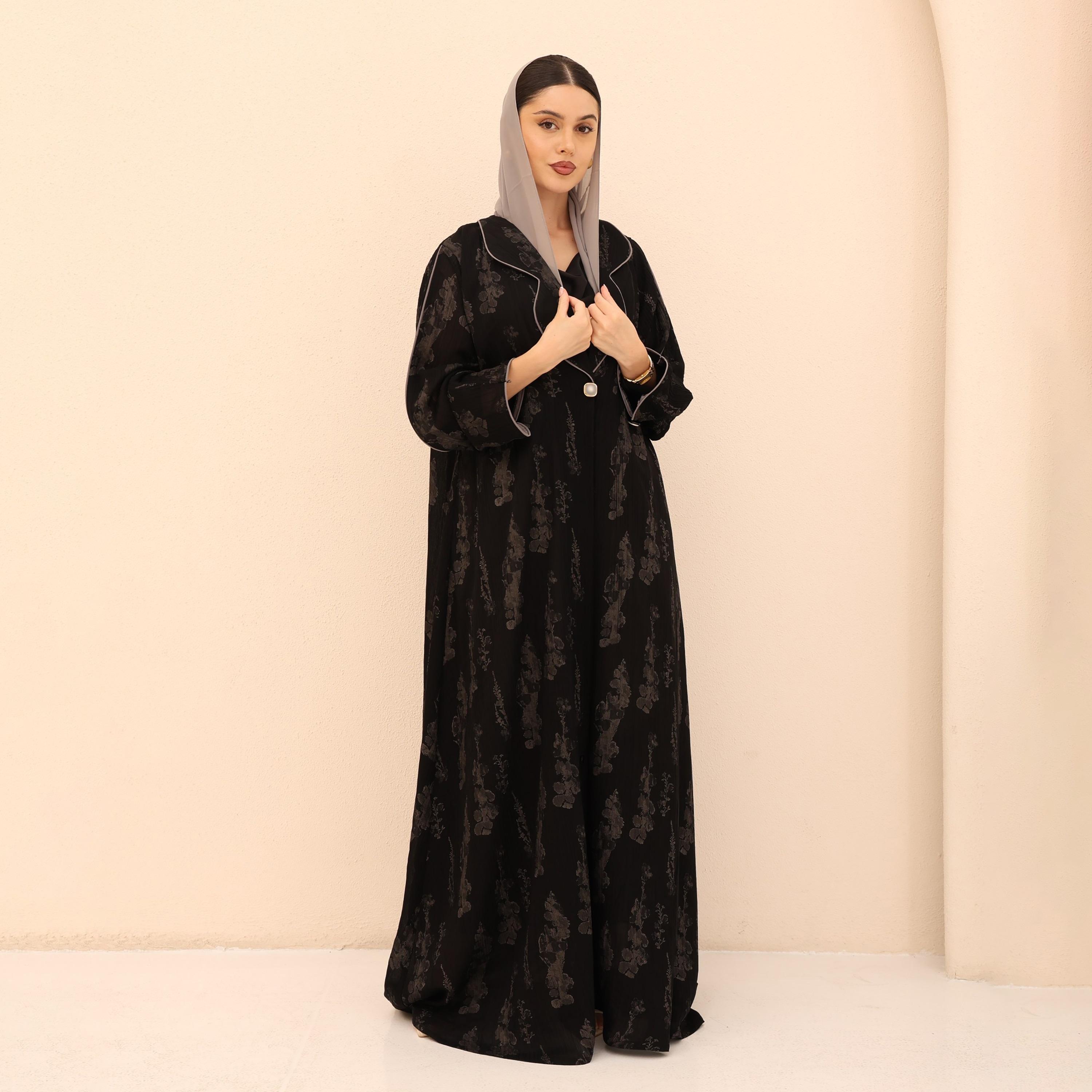 IKKXA Abstract Print Lapel Collar Jacquard Women's Abaya with Hijab-women-arabicclothing-abayas-image-3