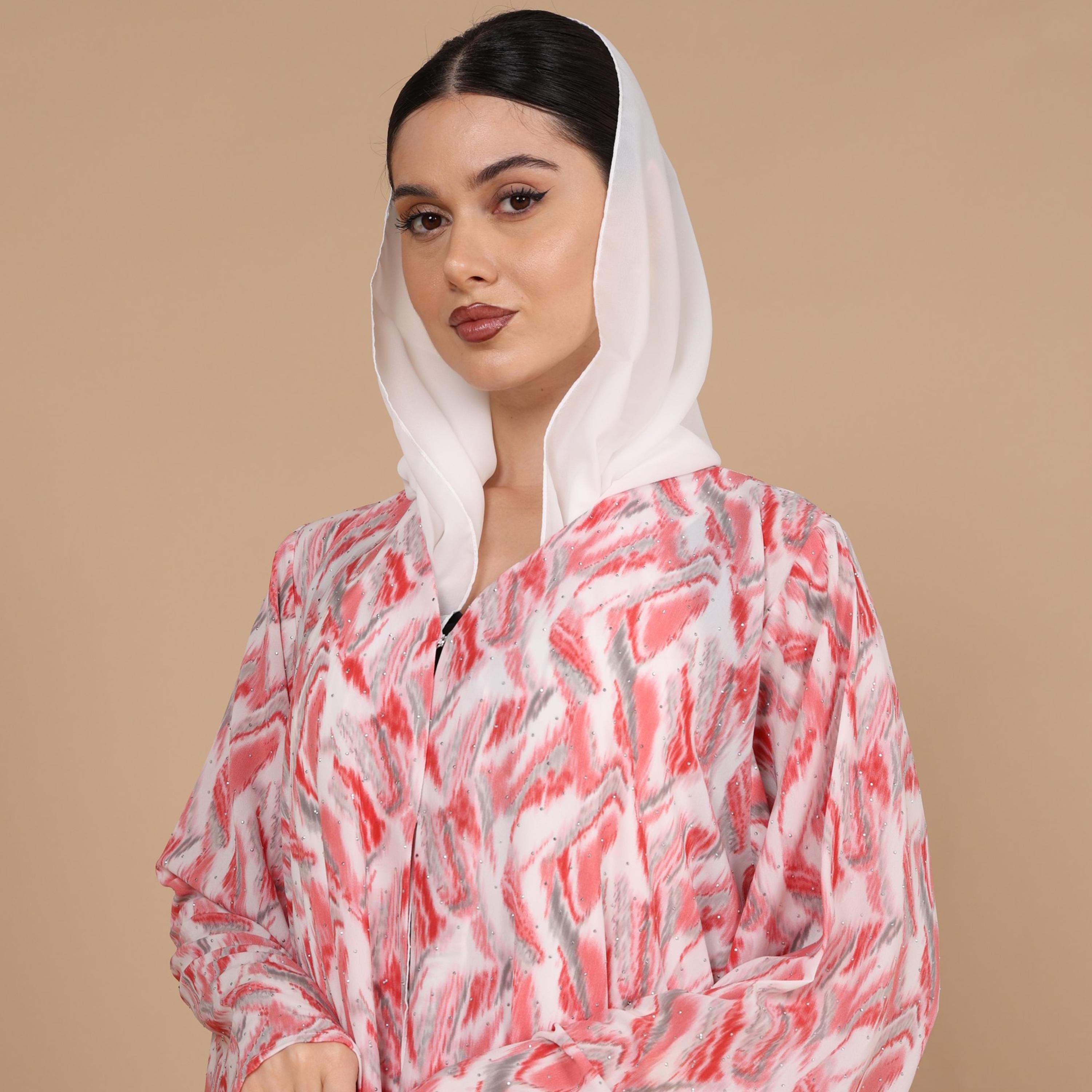 عباية للنساء من الجاكار باللون الوردي بطبعة تجريدية زاهية وأكمام واسعة مع حجاب من إككسا-women-arabicclothing-abayas-image-2