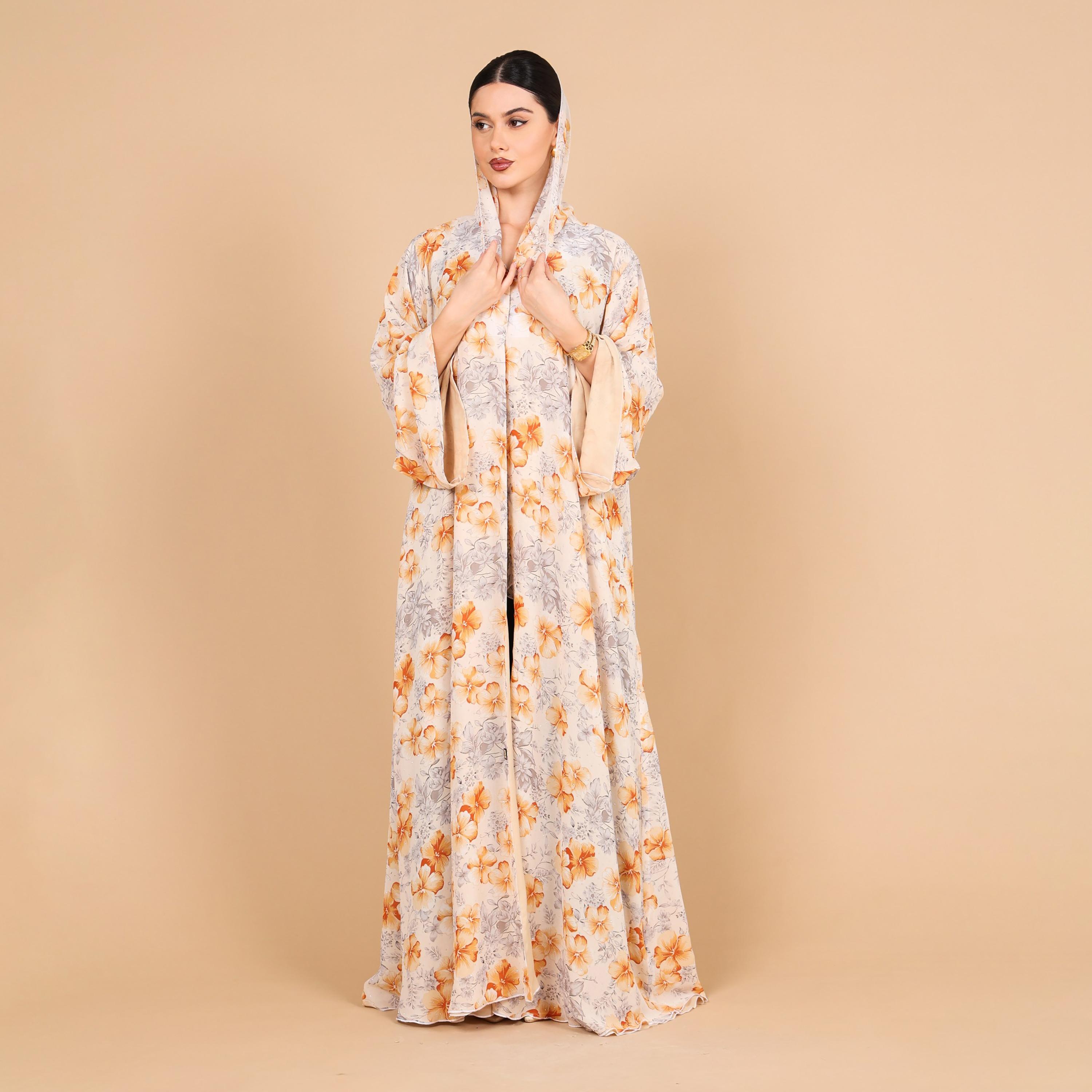 IKKXA Orange Bright Floral Print Flared Sleeves Chiffon Women's Abaya with Hijab-women-arabicclothing-abayas-image-1