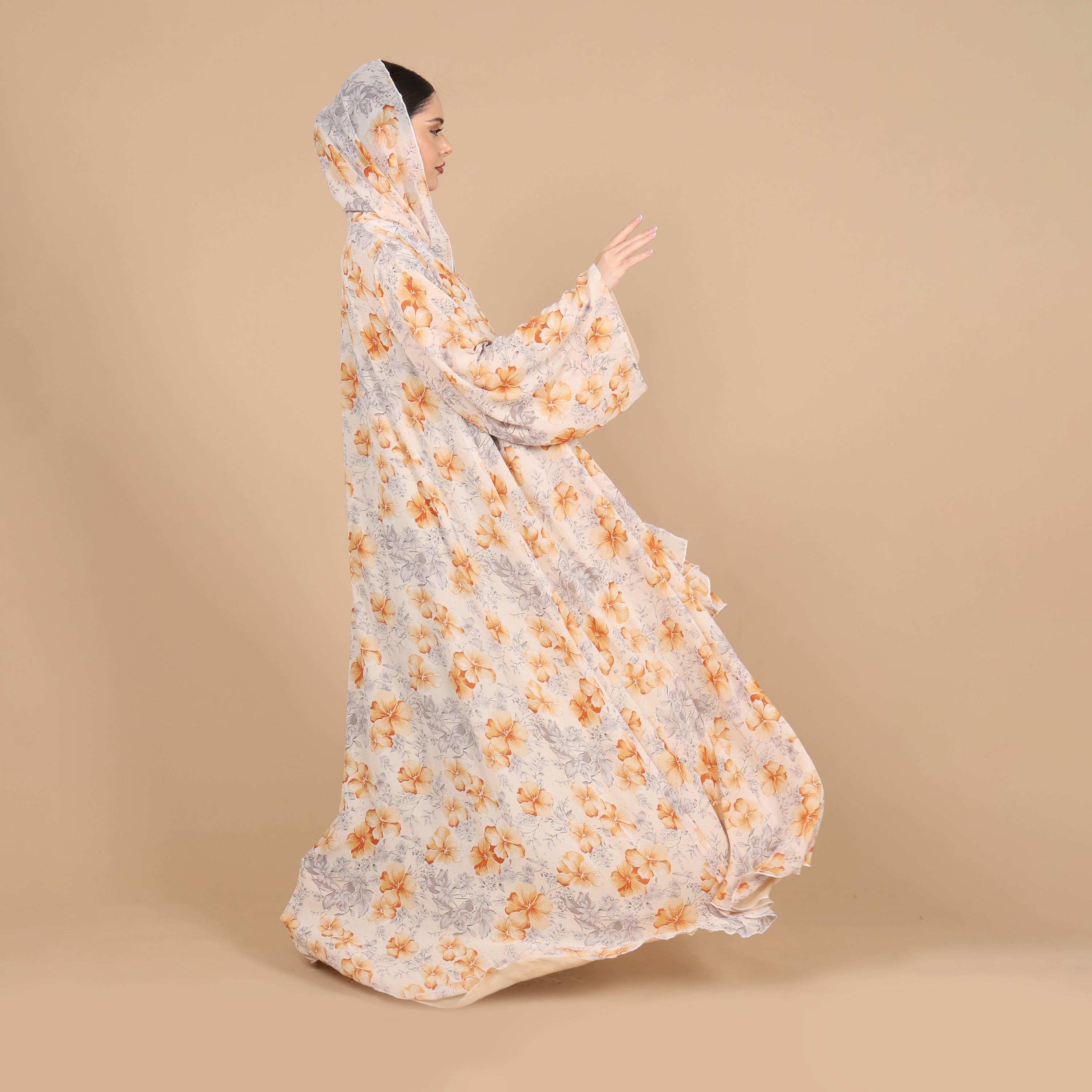 IKKXA Orange Bright Floral Print Flared Sleeves Chiffon Women's Abaya with Hijab-women-arabicclothing-abayas-image-3
