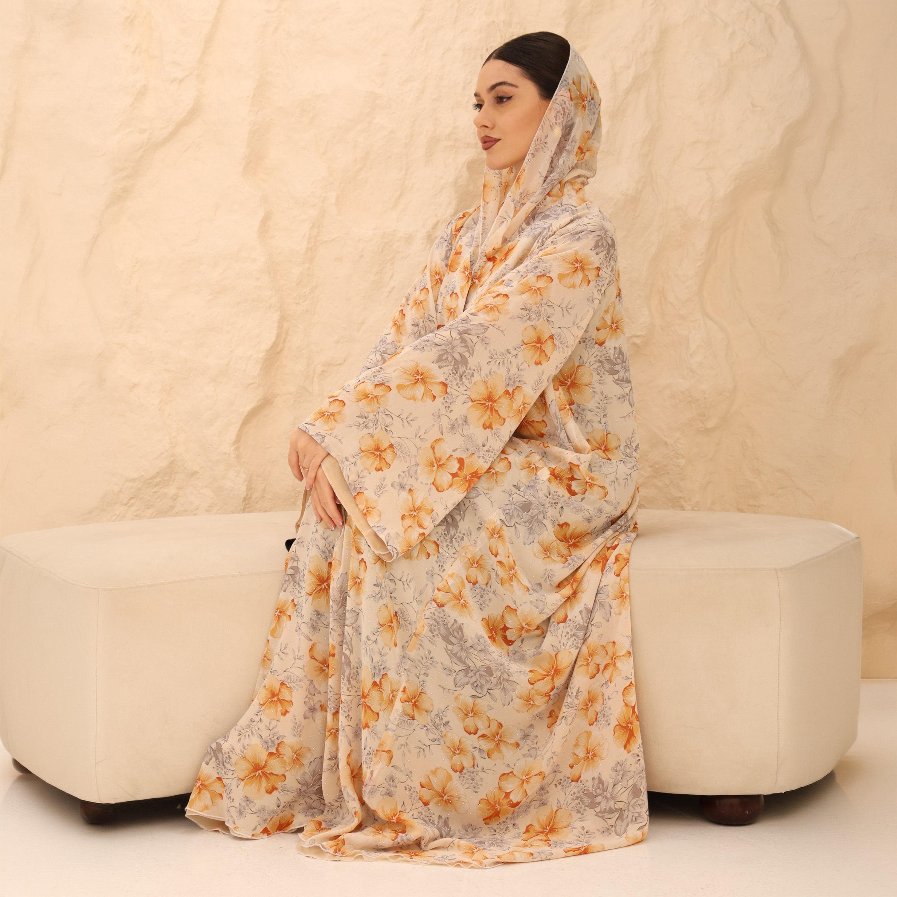 IKKXA Orange Bright Floral Print Flared Sleeves Chiffon Women's Abaya with Hijab-women-arabicclothing-abayas-image-4