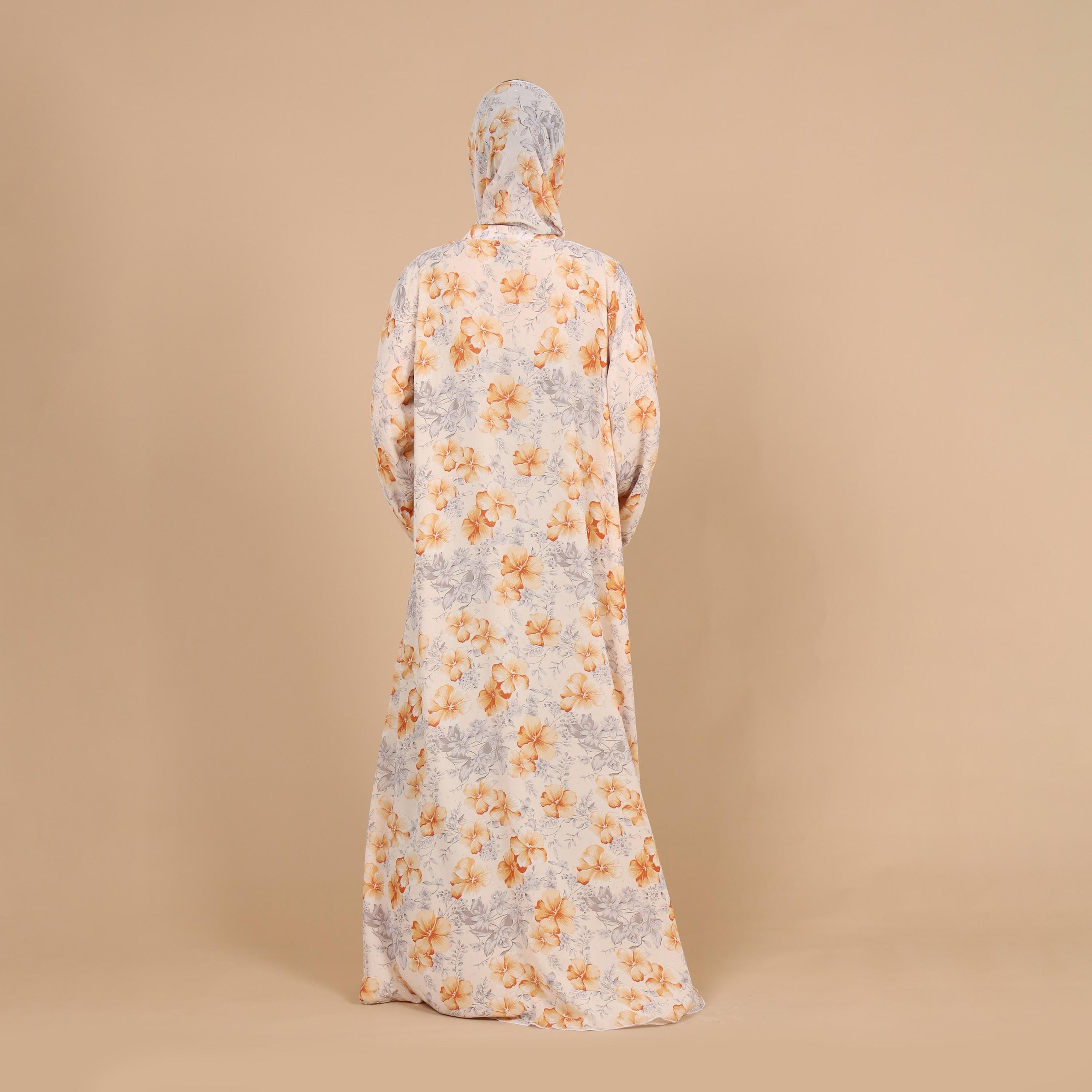 IKKXA Orange Bright Floral Print Flared Sleeves Chiffon Women's Abaya with Hijab-women-arabicclothing-abayas-image-5