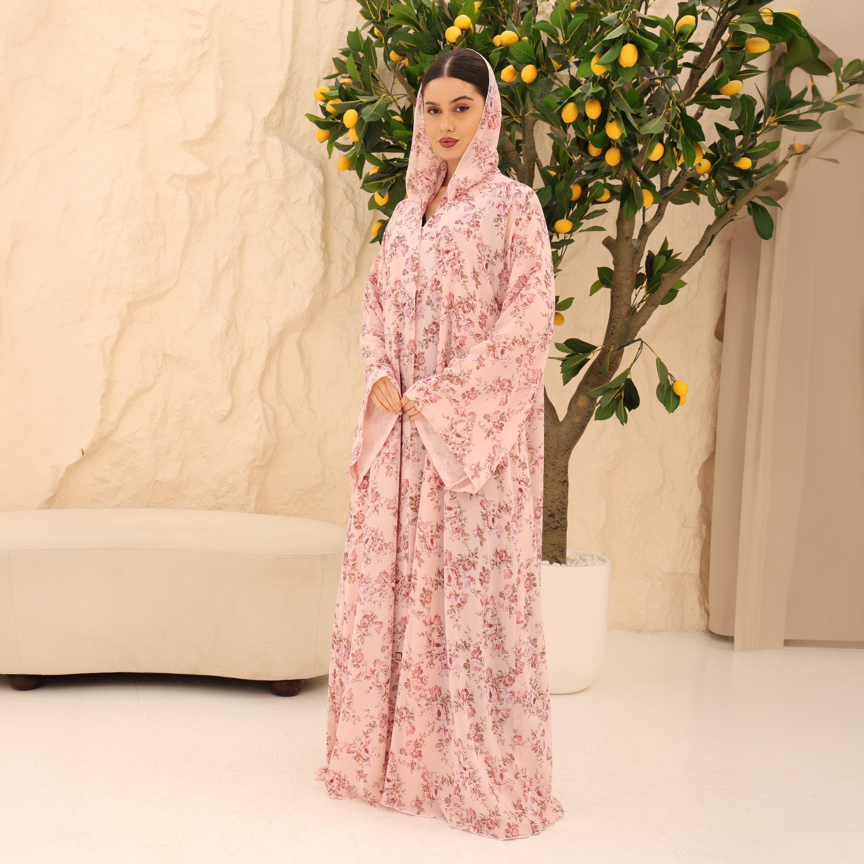 IKKXA Pink Bright Floral Print Flared Sleeves Chiffon Women's Style Abaya with Hijab-women-arabicclothing-abayas-image-1