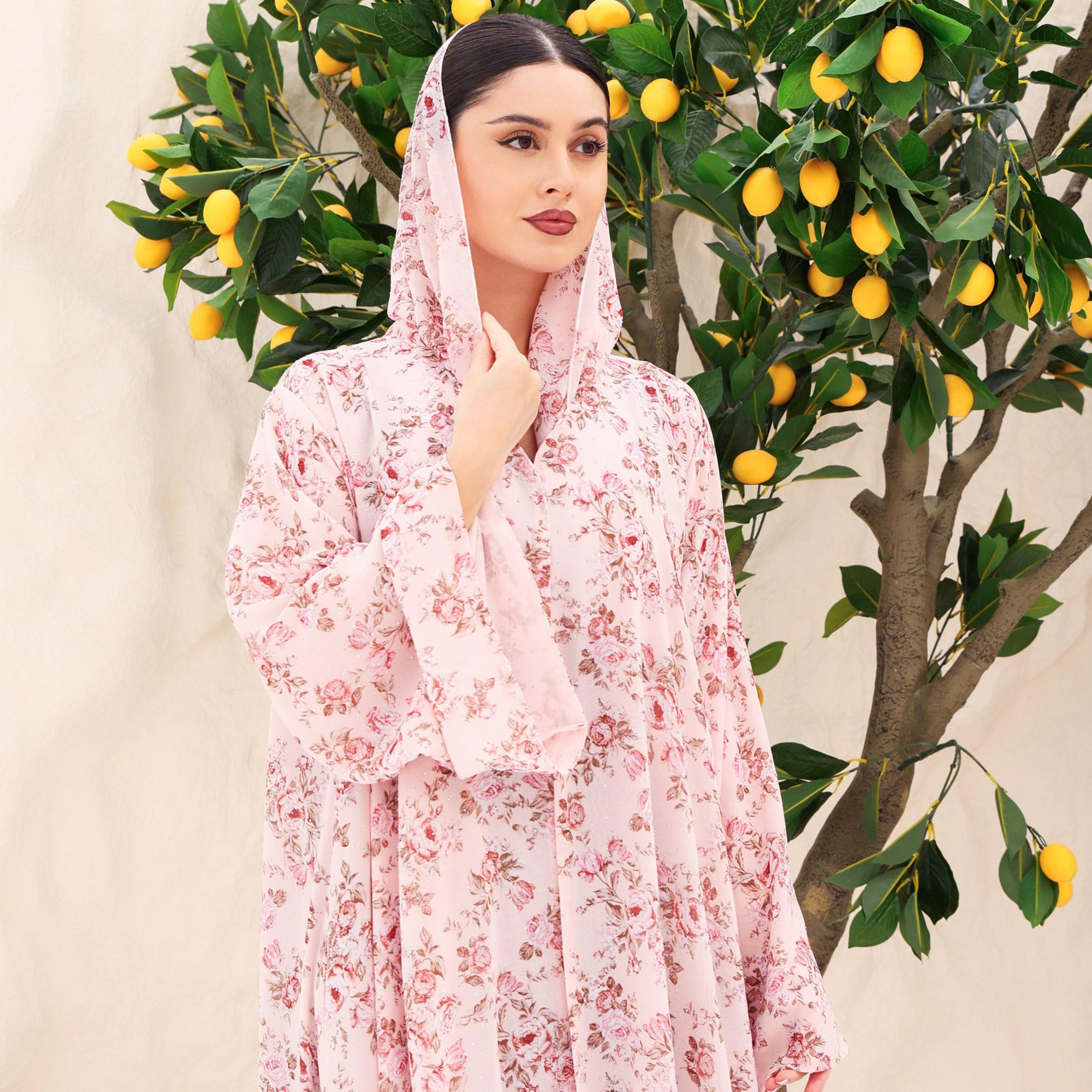 IKKXA Pink Bright Floral Print Flared Sleeves Chiffon Women's Style Abaya with Hijab-women-arabicclothing-abayas-image-2