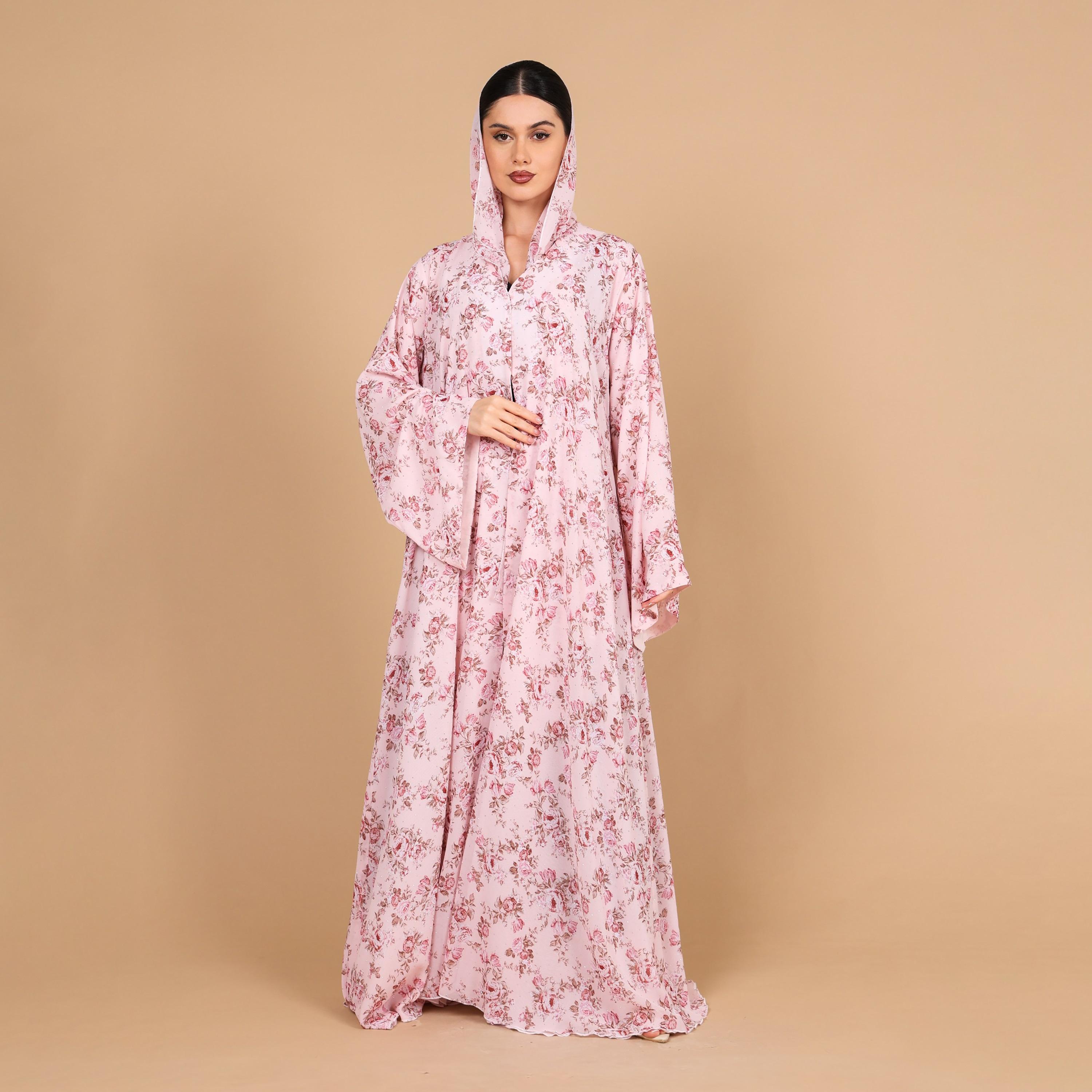 IKKXA Pink Bright Floral Print Flared Sleeves Chiffon Women's Style Abaya with Hijab-women-arabicclothing-abayas-image-3
