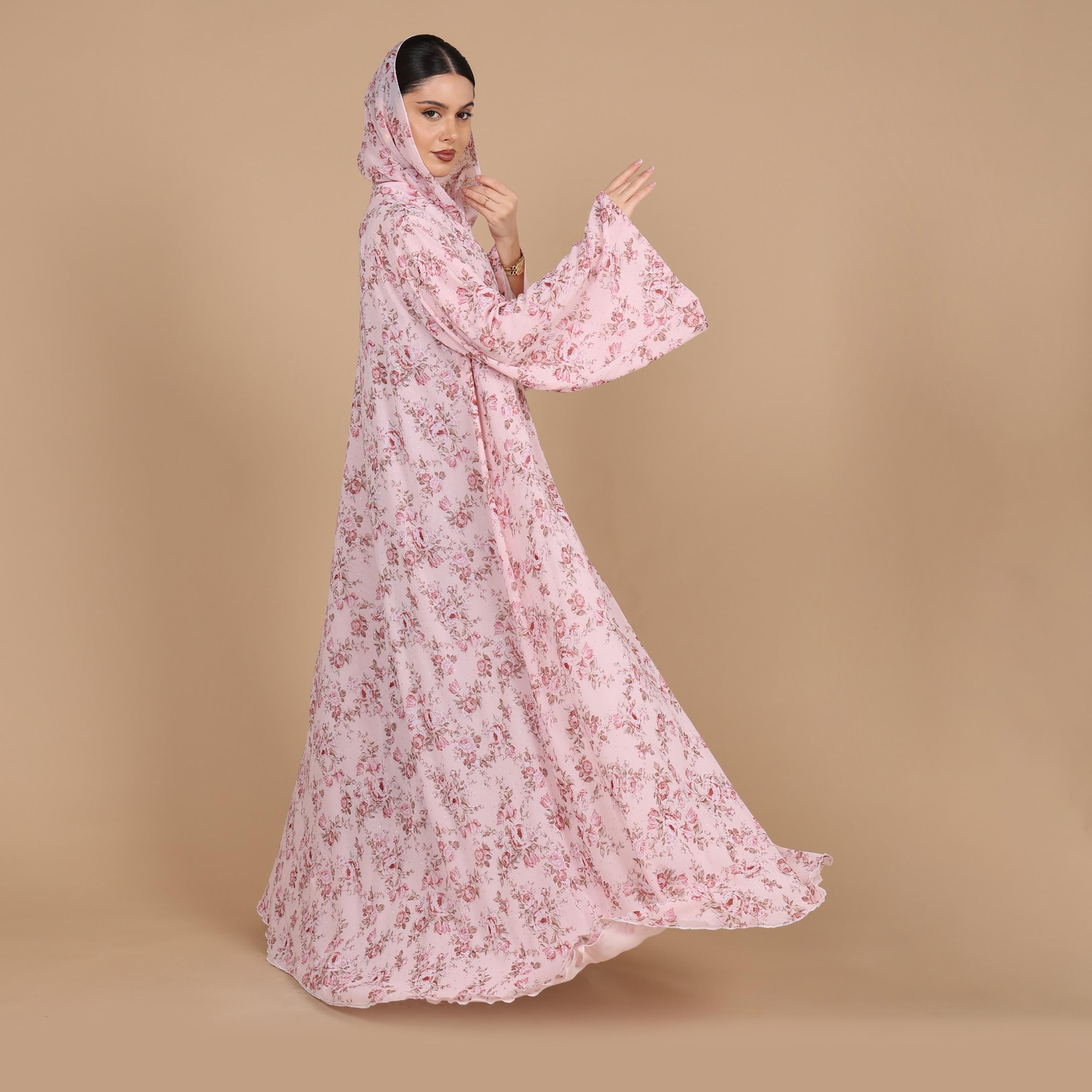IKKXA Pink Bright Floral Print Flared Sleeves Chiffon Women's Style Abaya with Hijab-women-arabicclothing-abayas-image-4