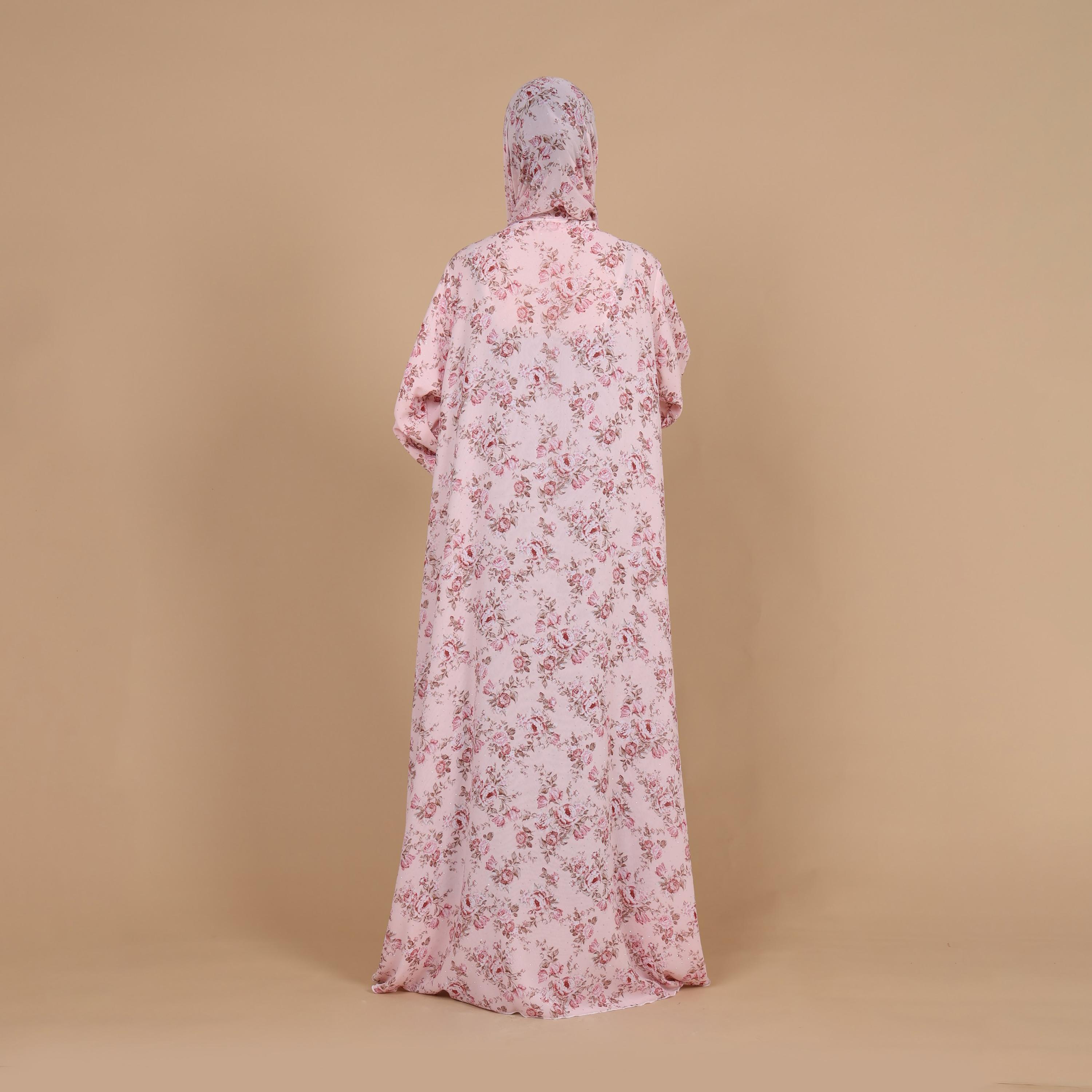 IKKXA Pink Bright Floral Print Flared Sleeves Chiffon Women's Style Abaya with Hijab-women-arabicclothing-abayas-image-5