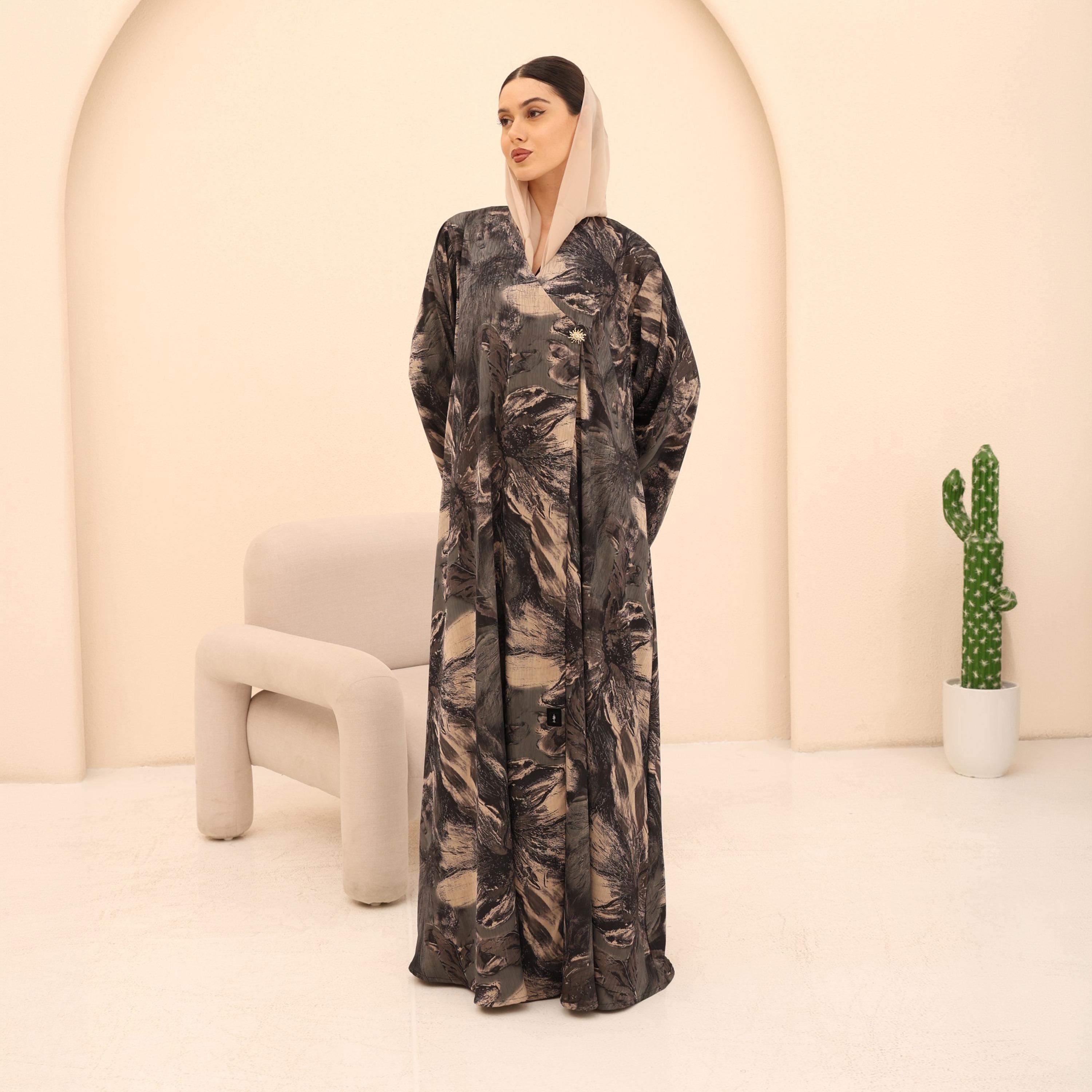 IKKXA Abstract Print Flared Sleeves Jacquard Women's Abaya with Hijab-women-arabicclothing-abayas-image-1