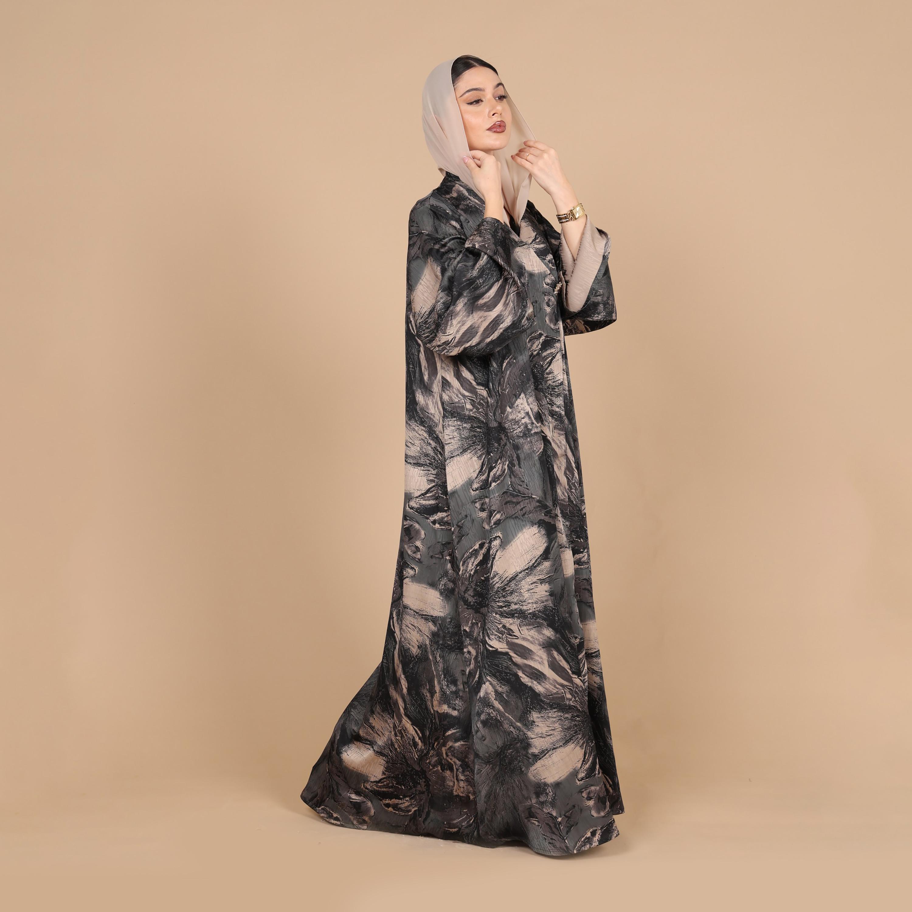 IKKXA Abstract Print Flared Sleeves Jacquard Women's Abaya with Hijab-women-arabicclothing-abayas-image-3