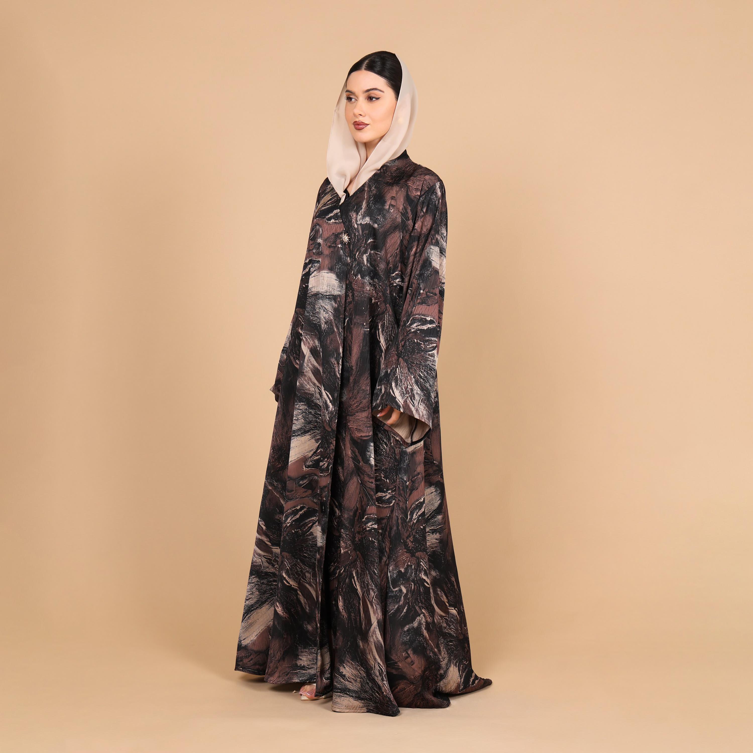 IKKXA Abstract Print Flared Sleeves Jacquard Women's Abaya with Hijab-women-arabicclothing-abayas-image-4