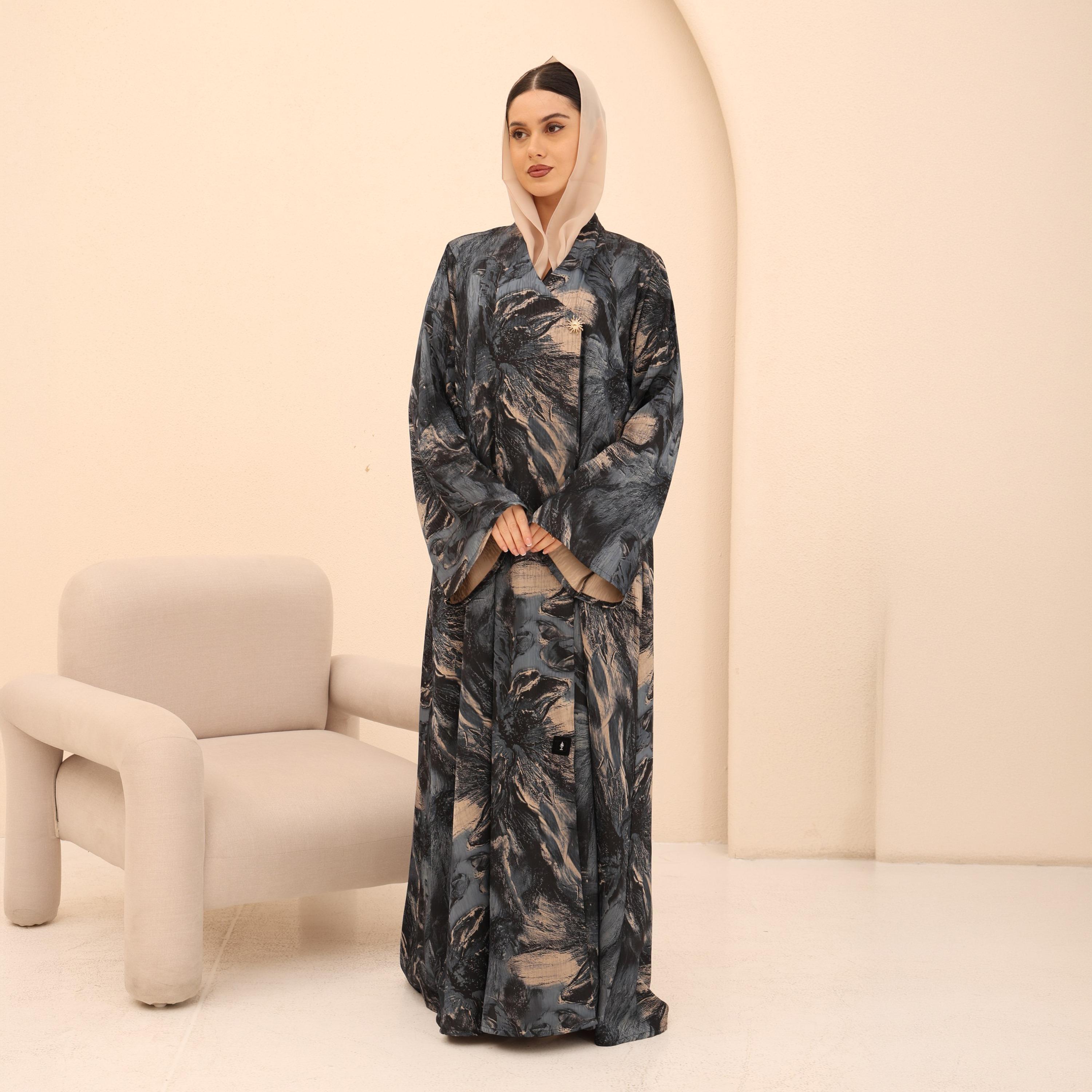 IKKXA Abstract Print Flared Sleeves Jacquard Women's Abaya with Hijab-women-arabicclothing-abayas-image-1