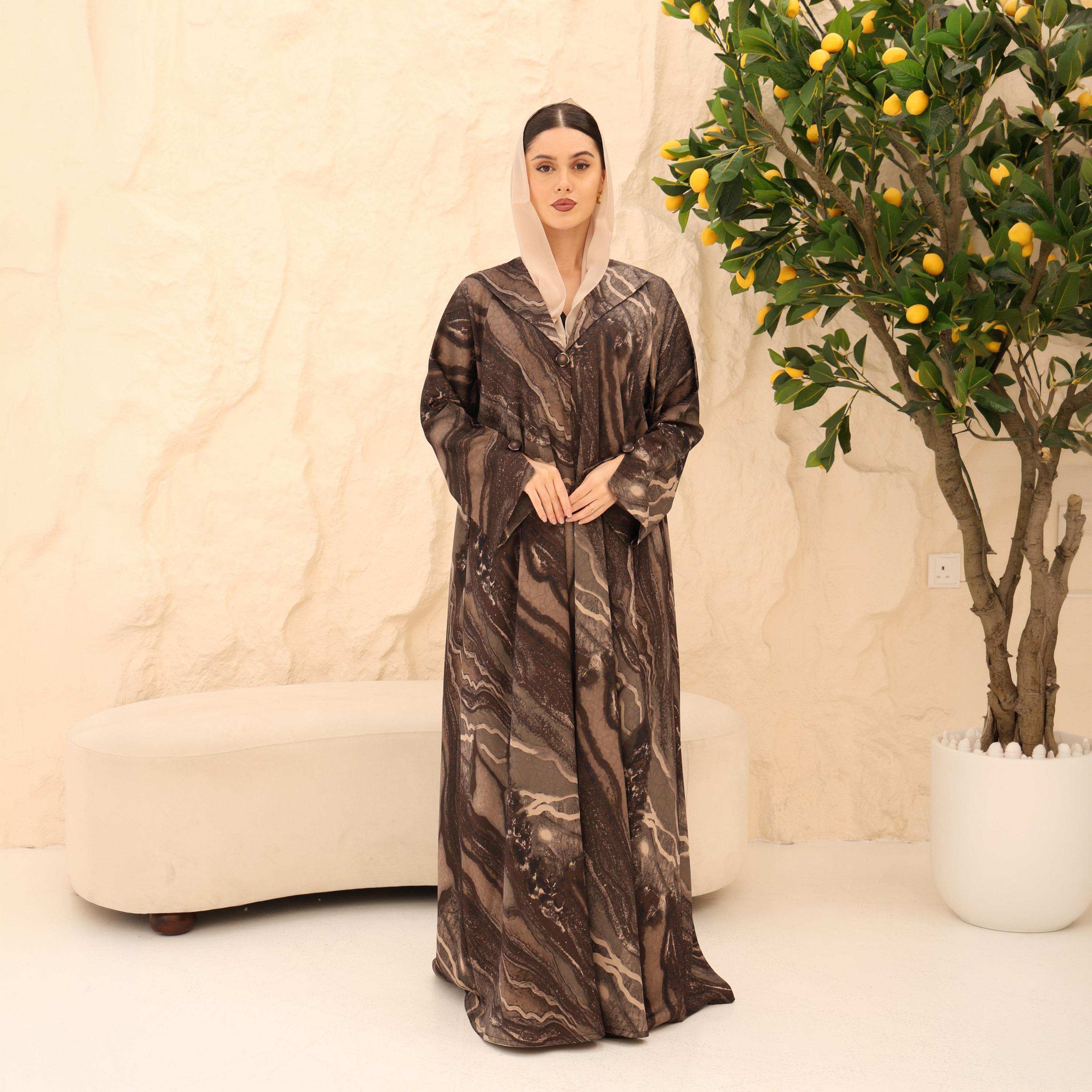 عباية للنساء من الجاكار بطبعة رخامية تجريدية وأكمام واسعة مع حجاب من إككسا-women-arabicclothing-abayas-image-1