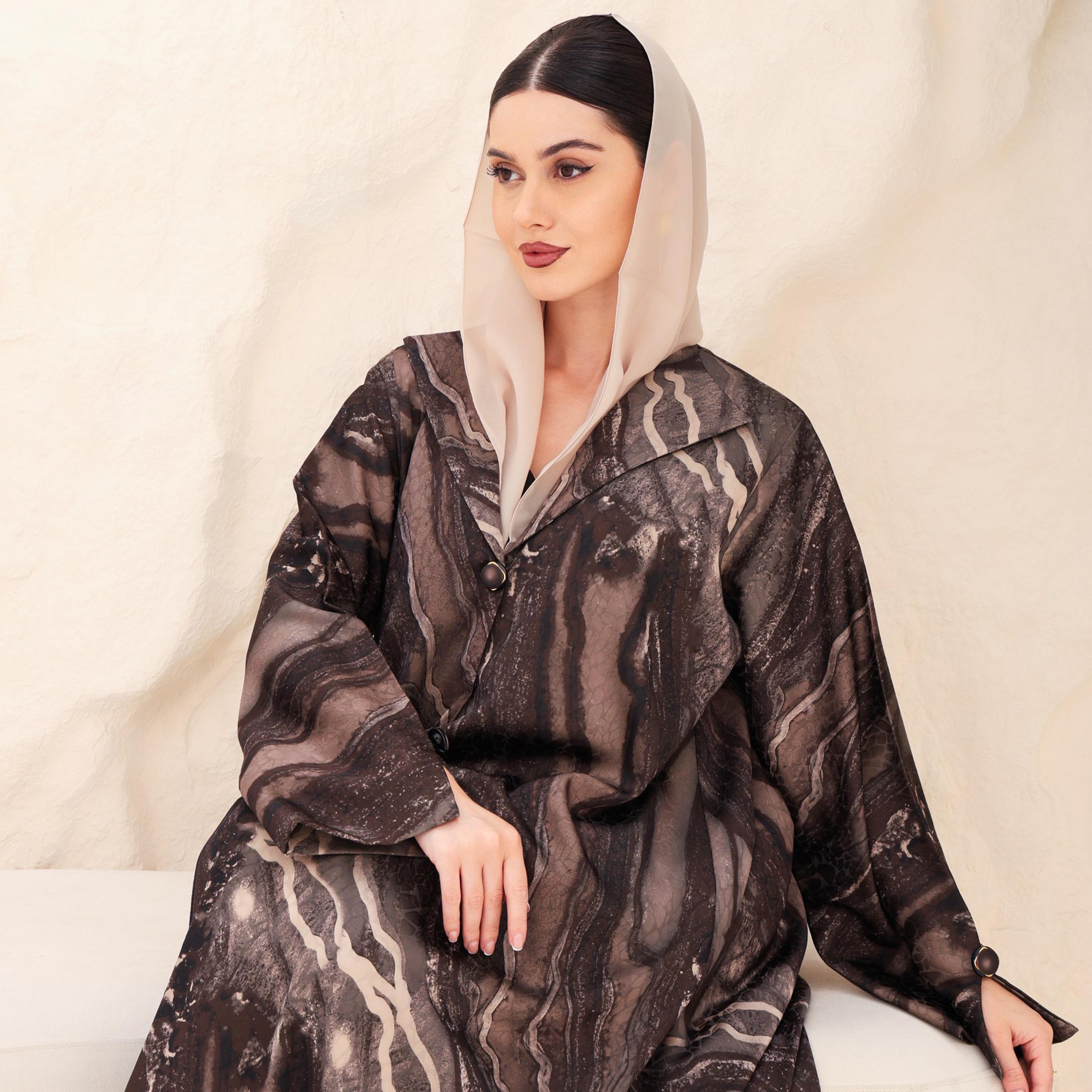 عباية للنساء من الجاكار بطبعة رخامية تجريدية وأكمام واسعة مع حجاب من إككسا-women-arabicclothing-abayas-image-2