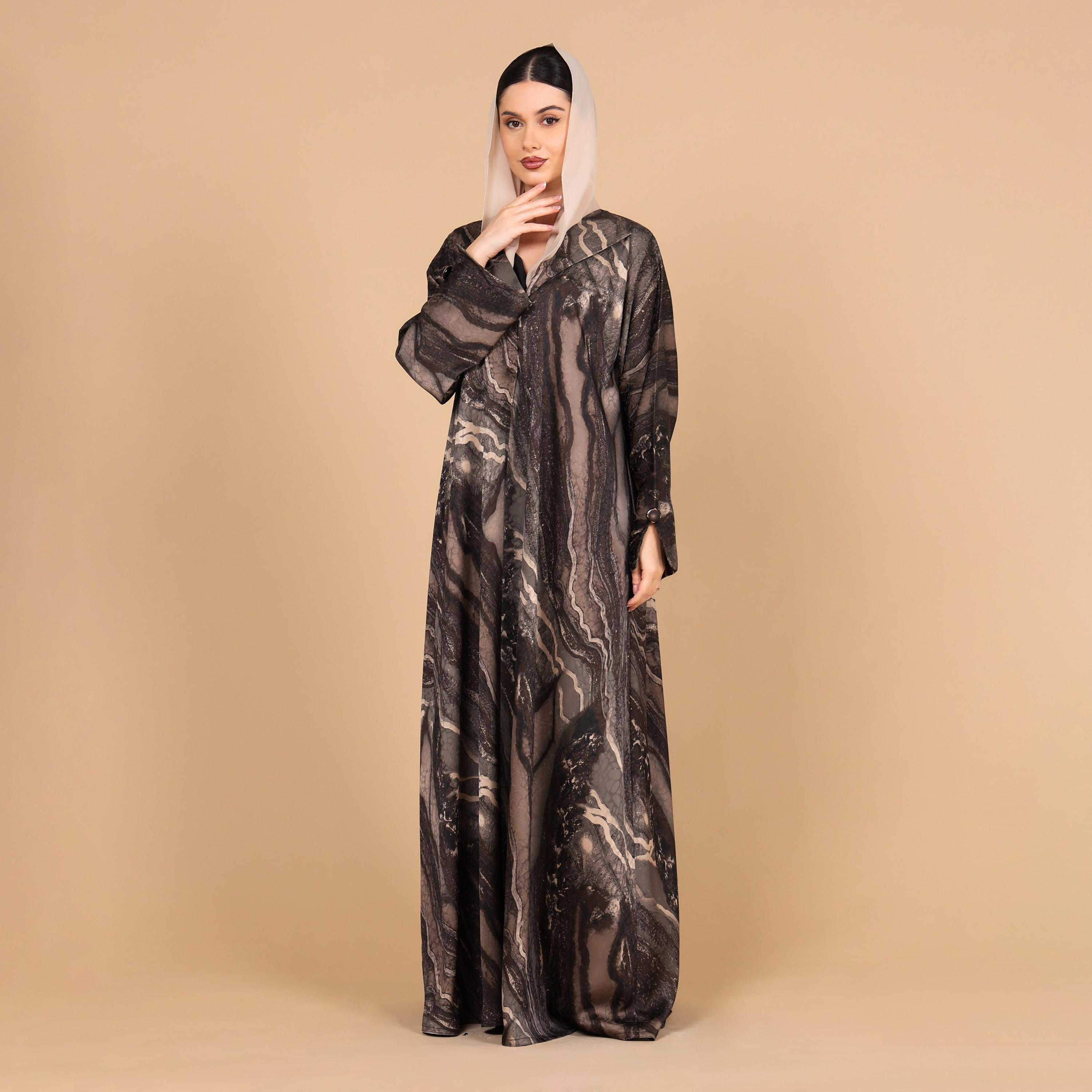عباية للنساء من الجاكار بطبعة رخامية تجريدية وأكمام واسعة مع حجاب من إككسا-women-arabicclothing-abayas-image-3