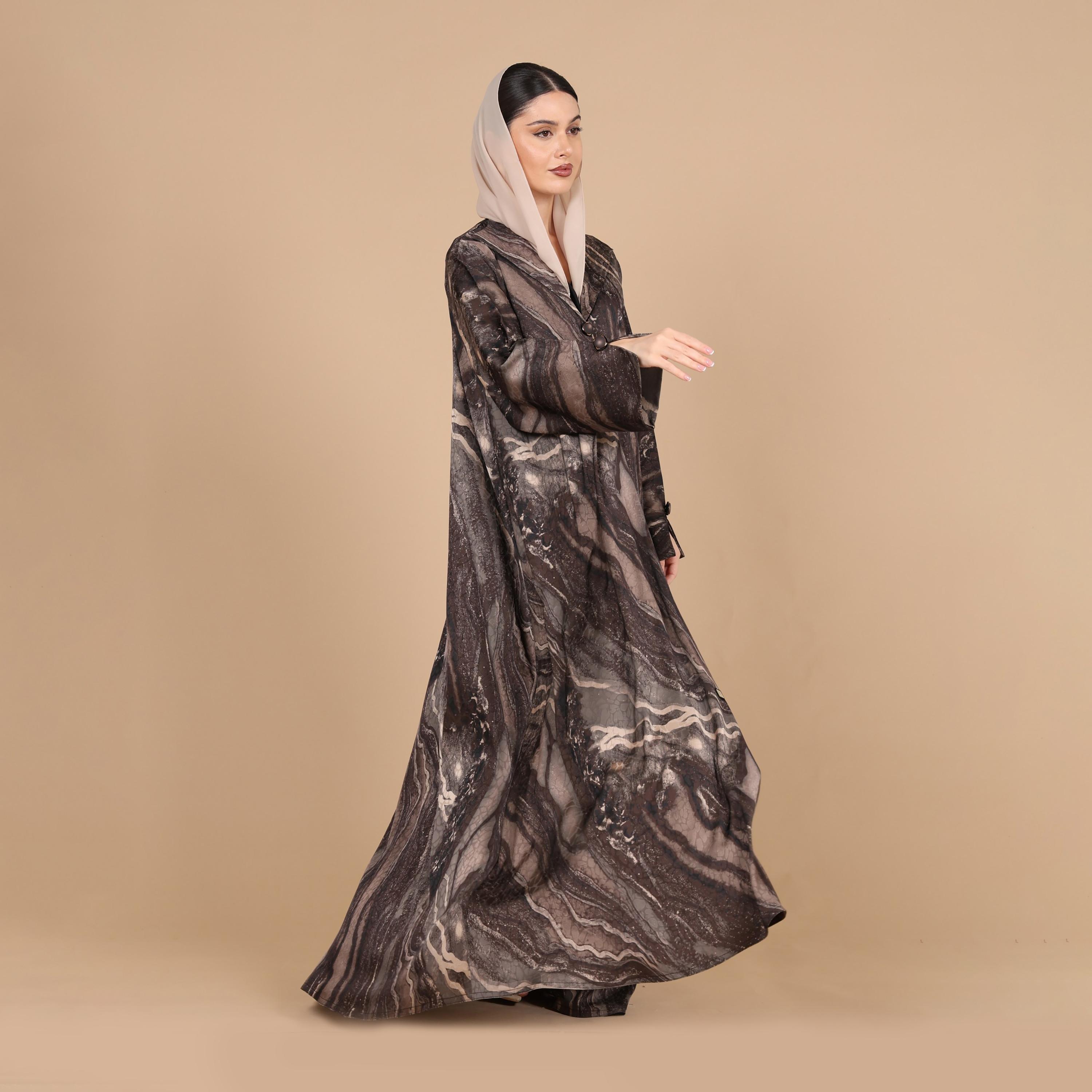 عباية للنساء من الجاكار بطبعة رخامية تجريدية وأكمام واسعة مع حجاب من إككسا-women-arabicclothing-abayas-image-4