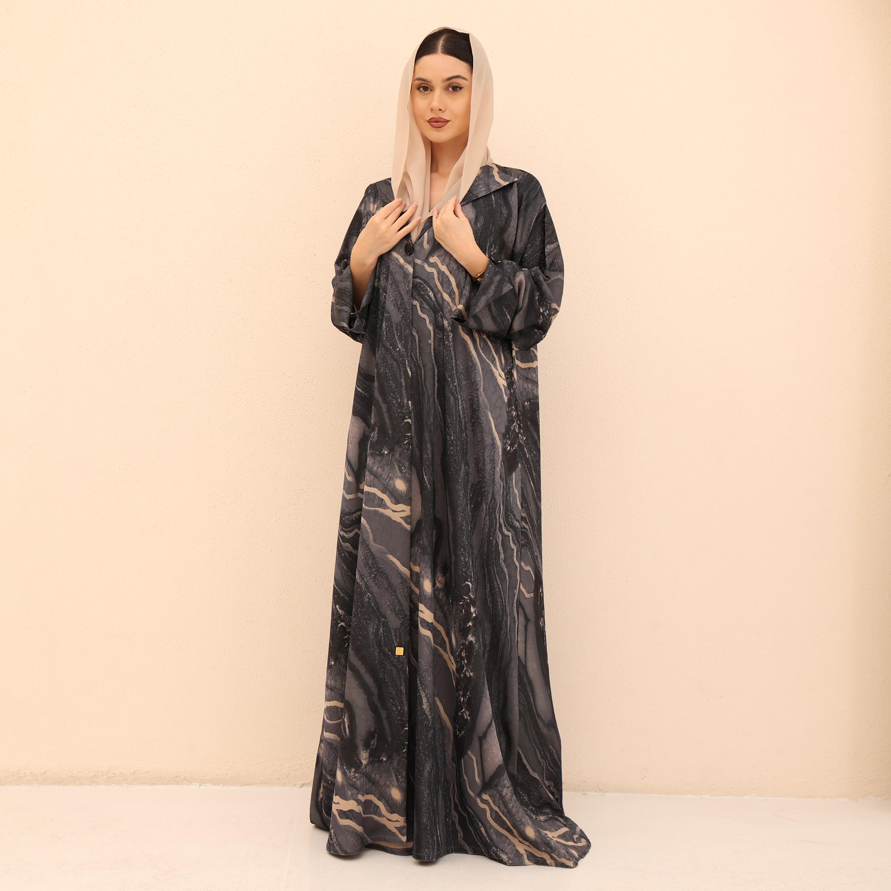 عباية للنساء من الجاكار بطبعة رخامية تجريدية وأكمام واسعة مع حجاب من إككسا-women-arabicclothing-abayas-image-1