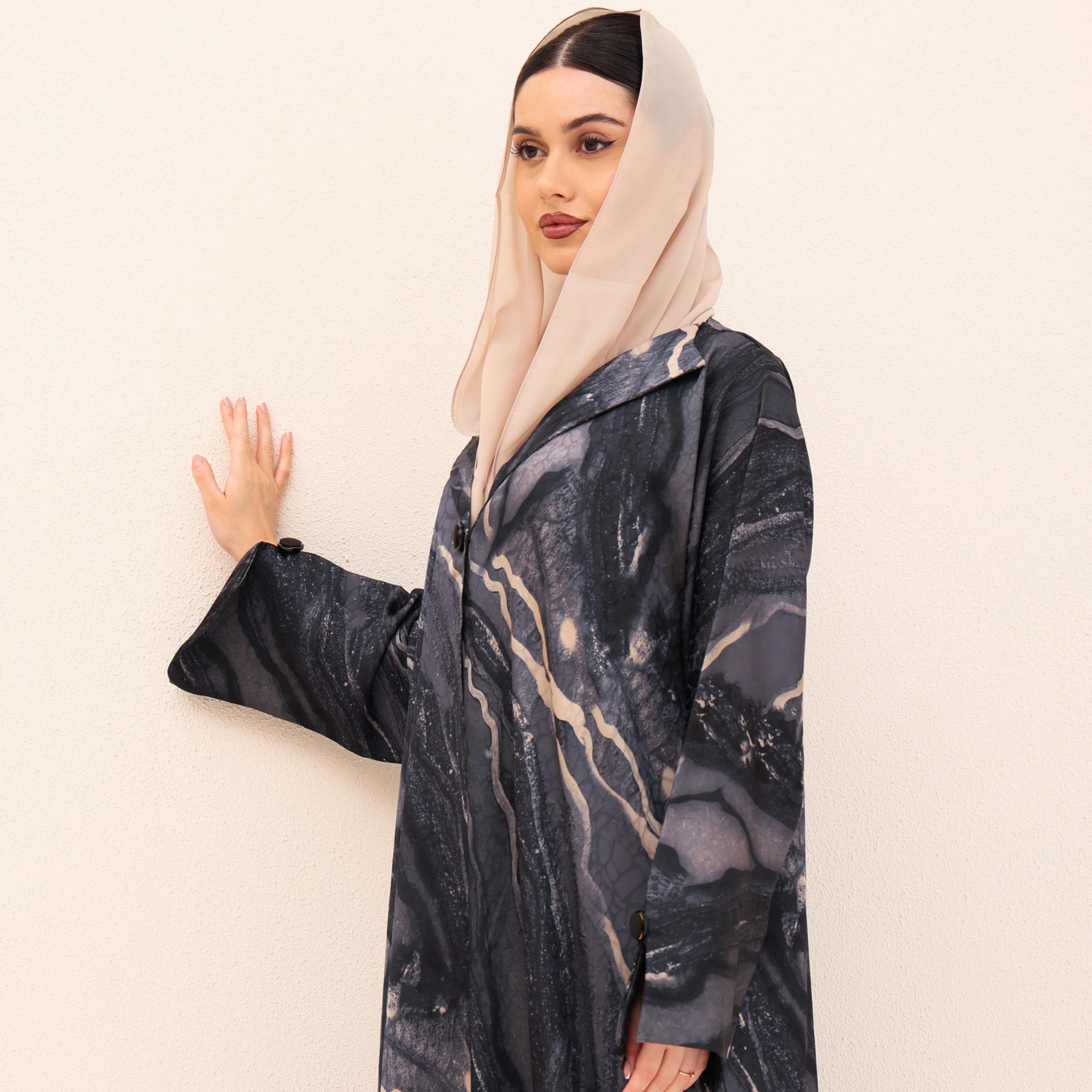 عباية للنساء من الجاكار بطبعة رخامية تجريدية وأكمام واسعة مع حجاب من إككسا-women-arabicclothing-abayas-image-2
