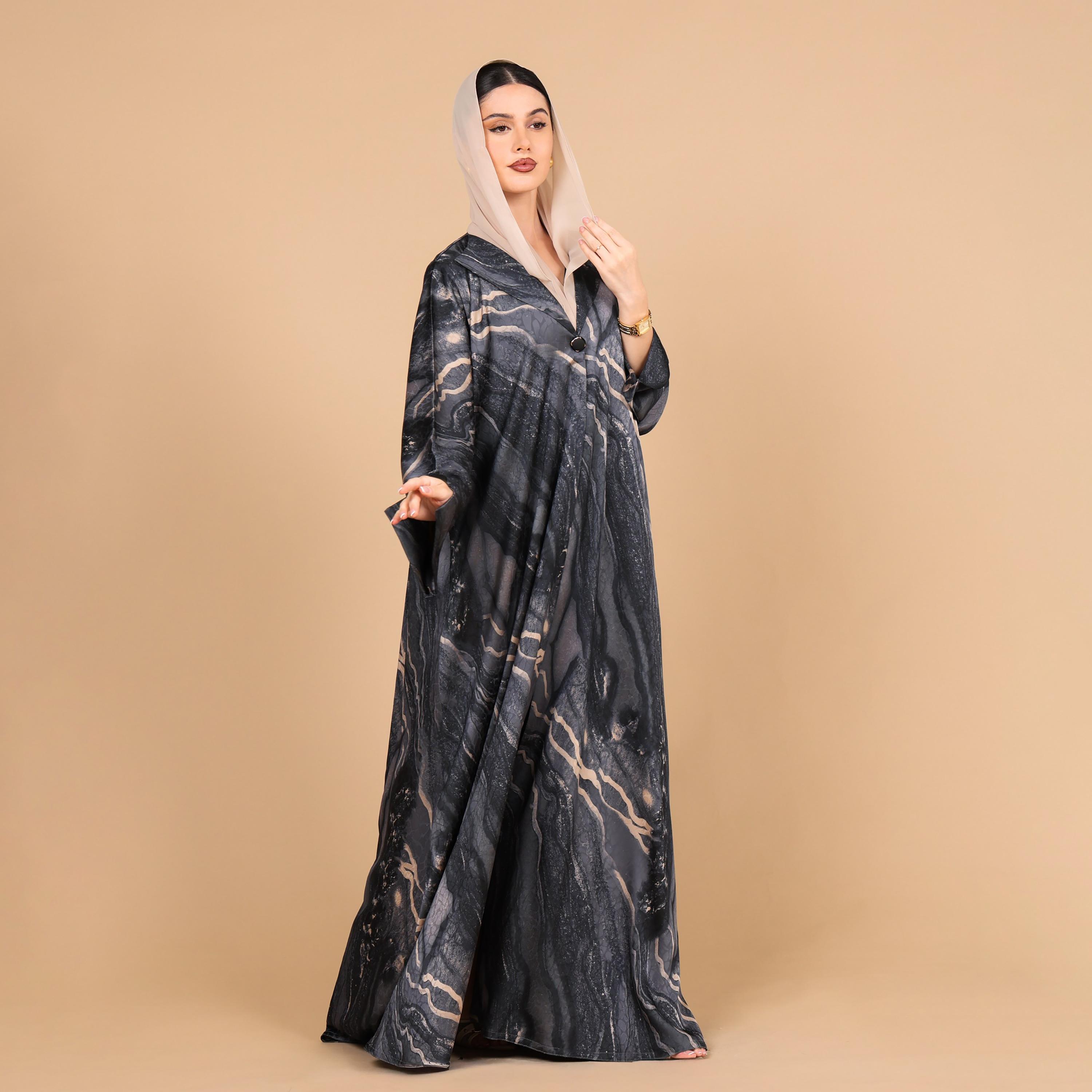عباية للنساء من الجاكار بطبعة رخامية تجريدية وأكمام واسعة مع حجاب من إككسا-women-arabicclothing-abayas-image-3