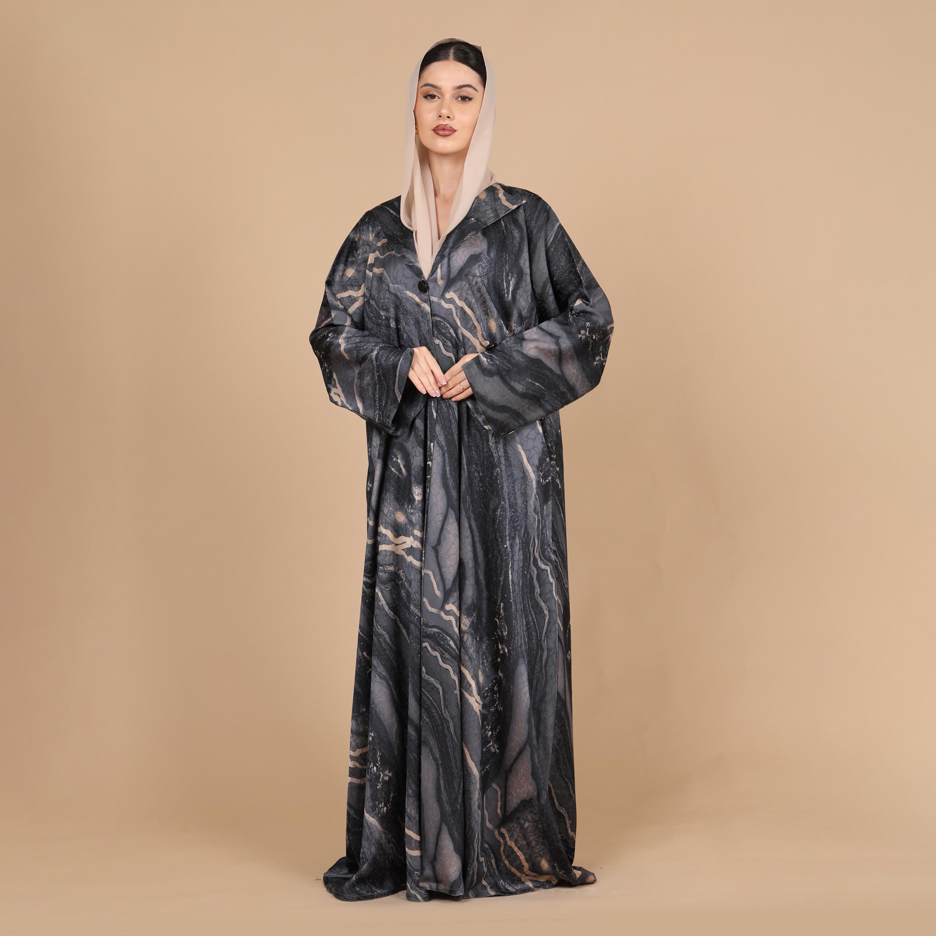 عباية للنساء من الجاكار بطبعة رخامية تجريدية وأكمام واسعة مع حجاب من إككسا-women-arabicclothing-abayas-image-4