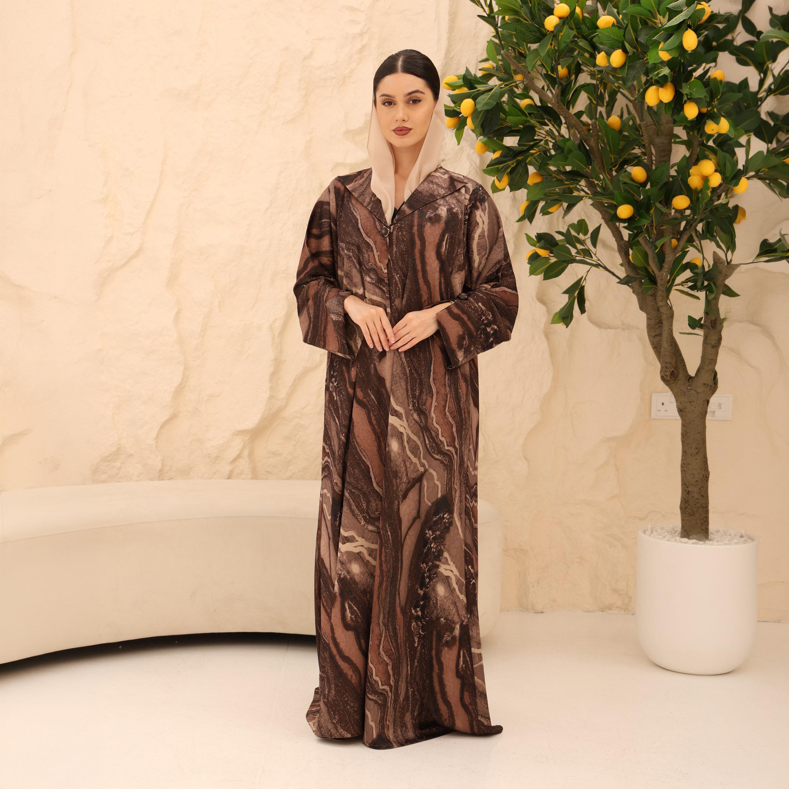 IKKXA Abstract Marble Print Flared Sleeves Jacquard Women's Abaya with Hijab-women-arabicclothing-abayas-image-1