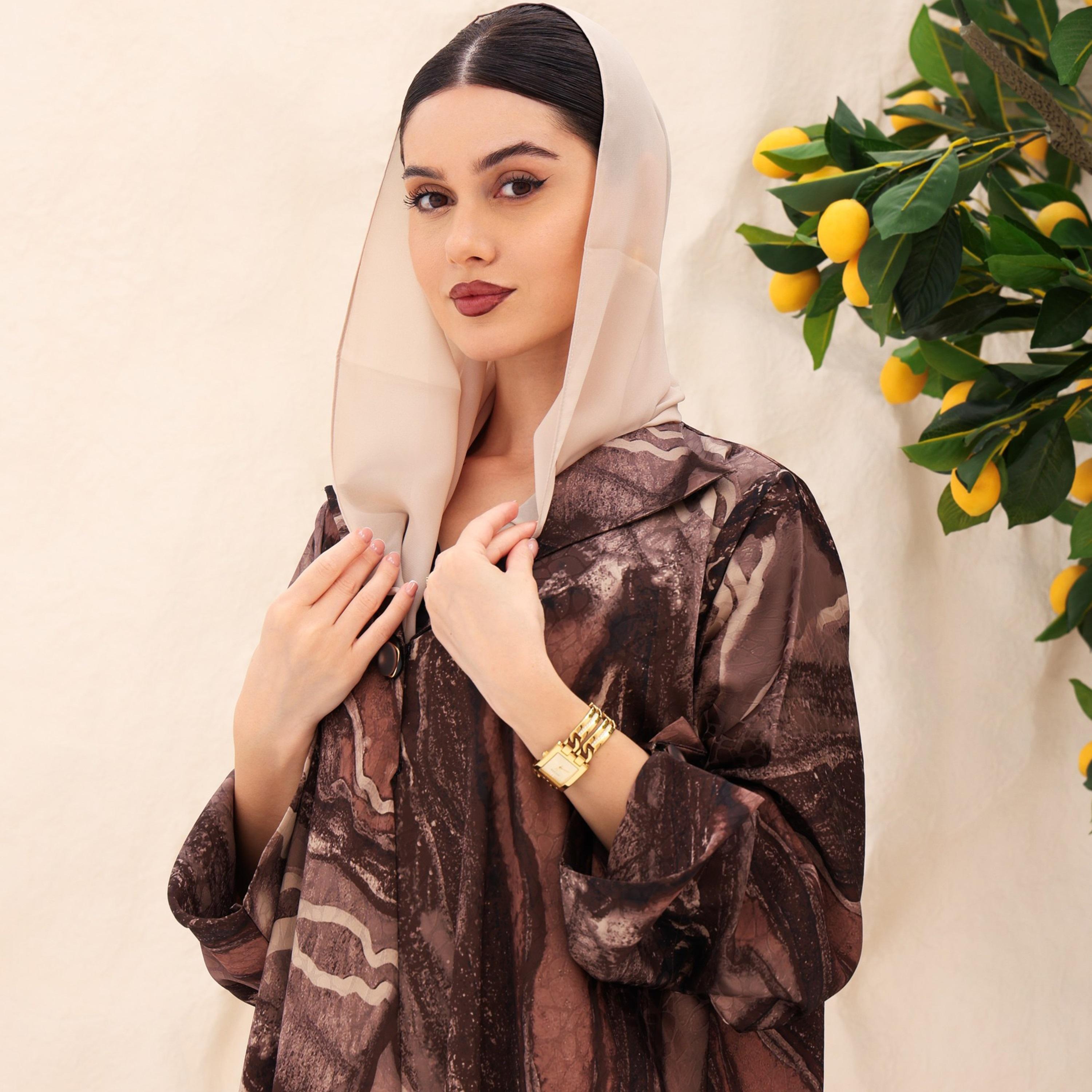 IKKXA Abstract Marble Print Flared Sleeves Jacquard Women's Abaya with Hijab-women-arabicclothing-abayas-image-2