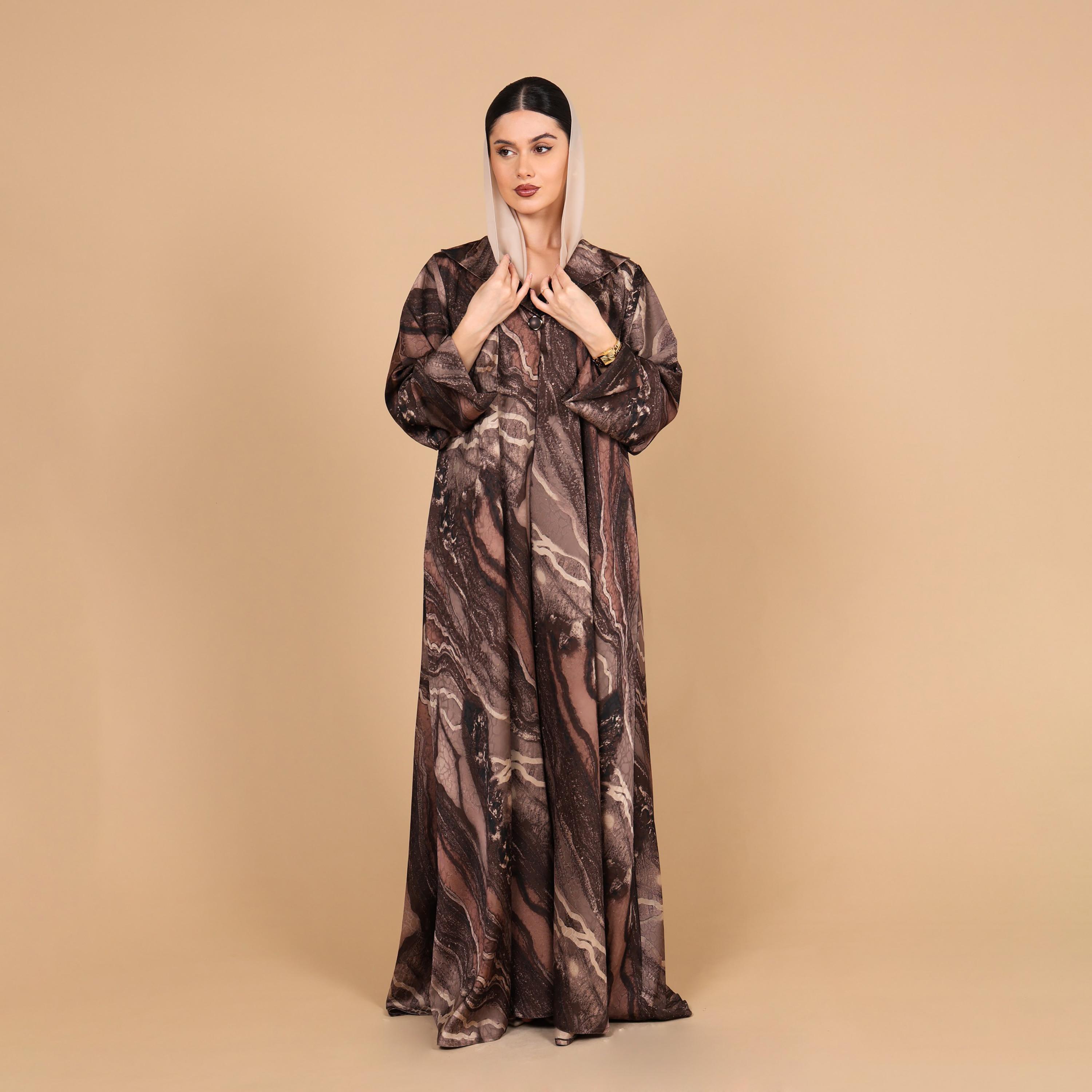 IKKXA Abstract Marble Print Flared Sleeves Jacquard Women's Abaya with Hijab-women-arabicclothing-abayas-image-3