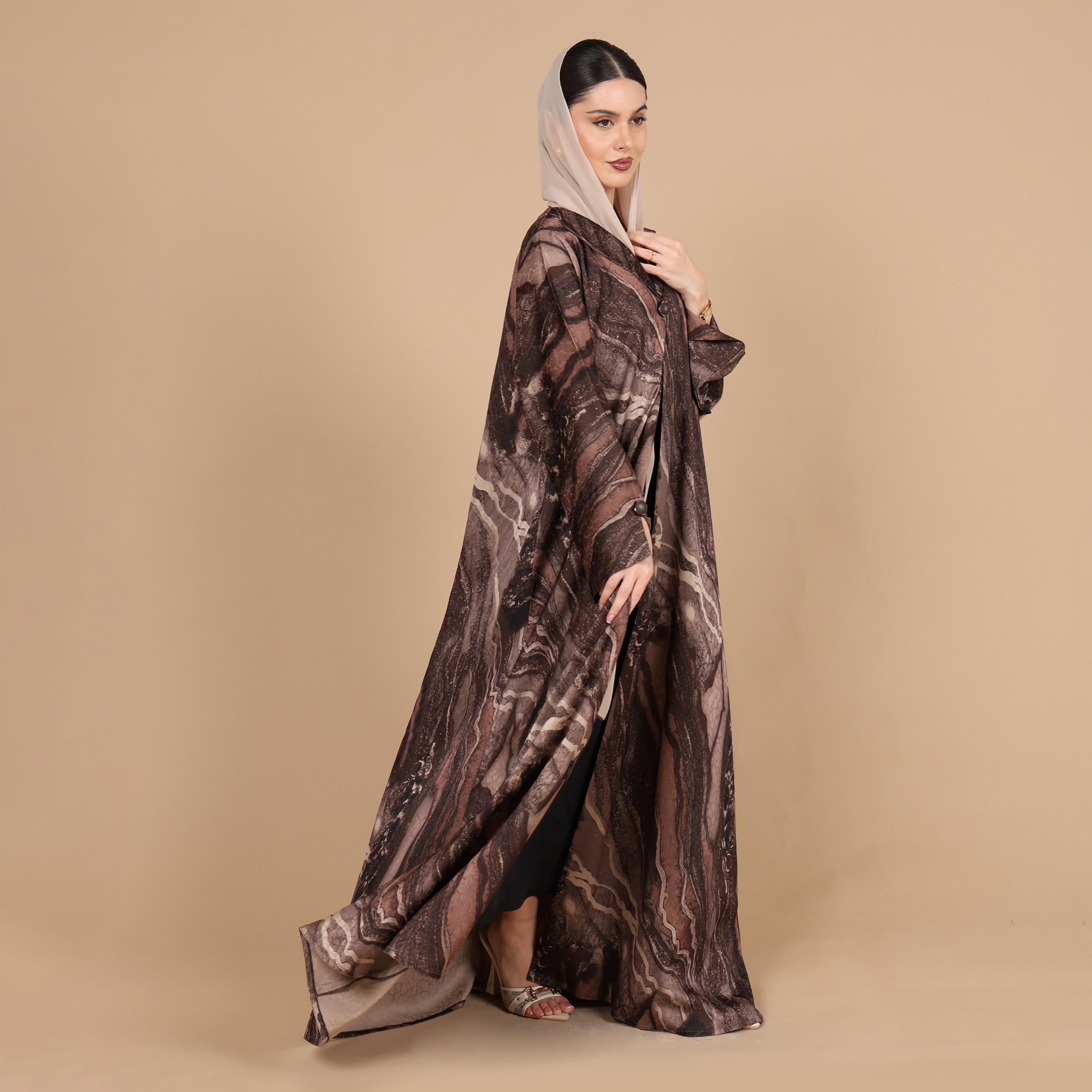IKKXA Abstract Marble Print Flared Sleeves Jacquard Women's Abaya with Hijab-women-arabicclothing-abayas-image-4
