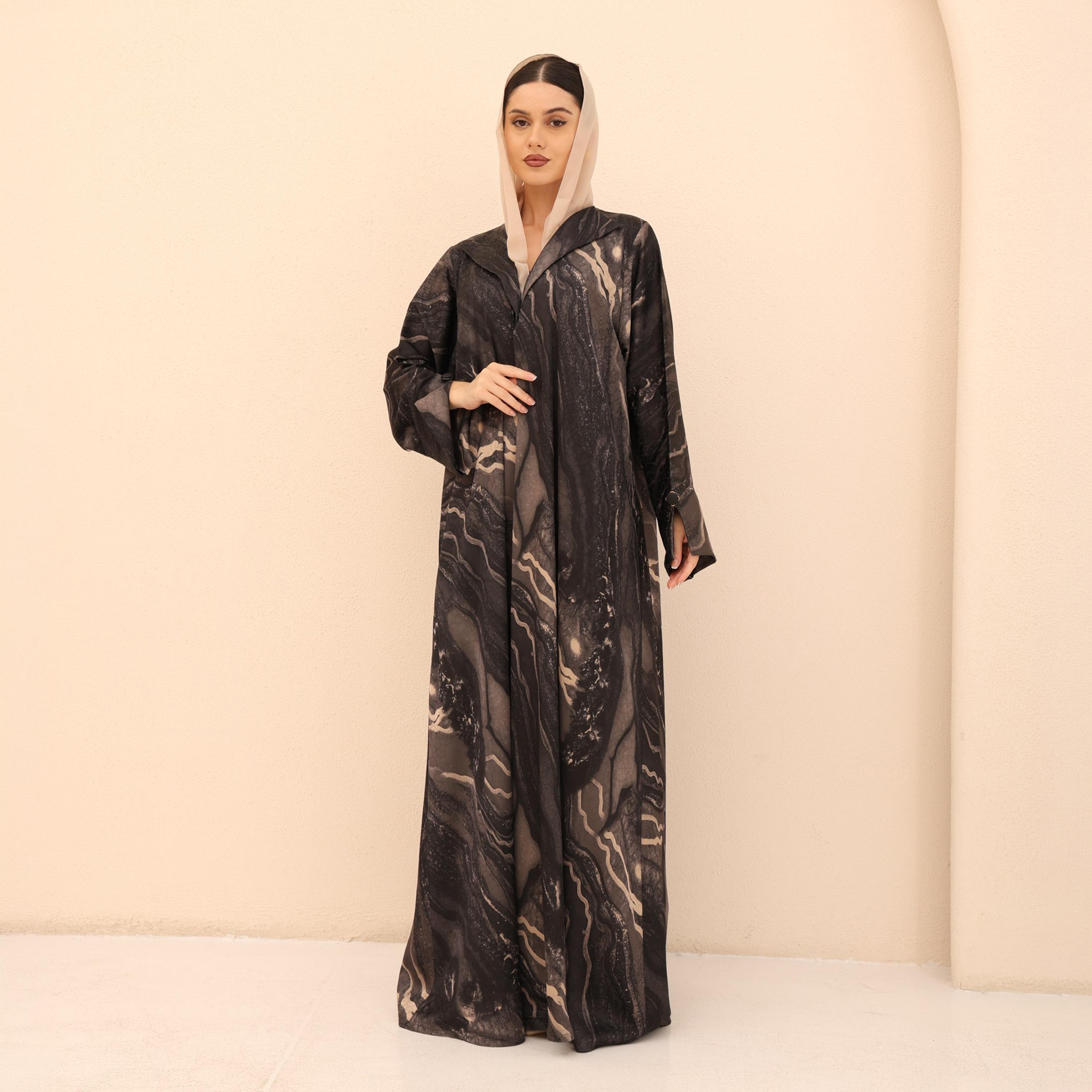عباية للنساء من الجاكار بطبعة رخامية تجريدية وأكمام واسعة مع حجاب من إككسا-women-arabicclothing-abayas-image-1