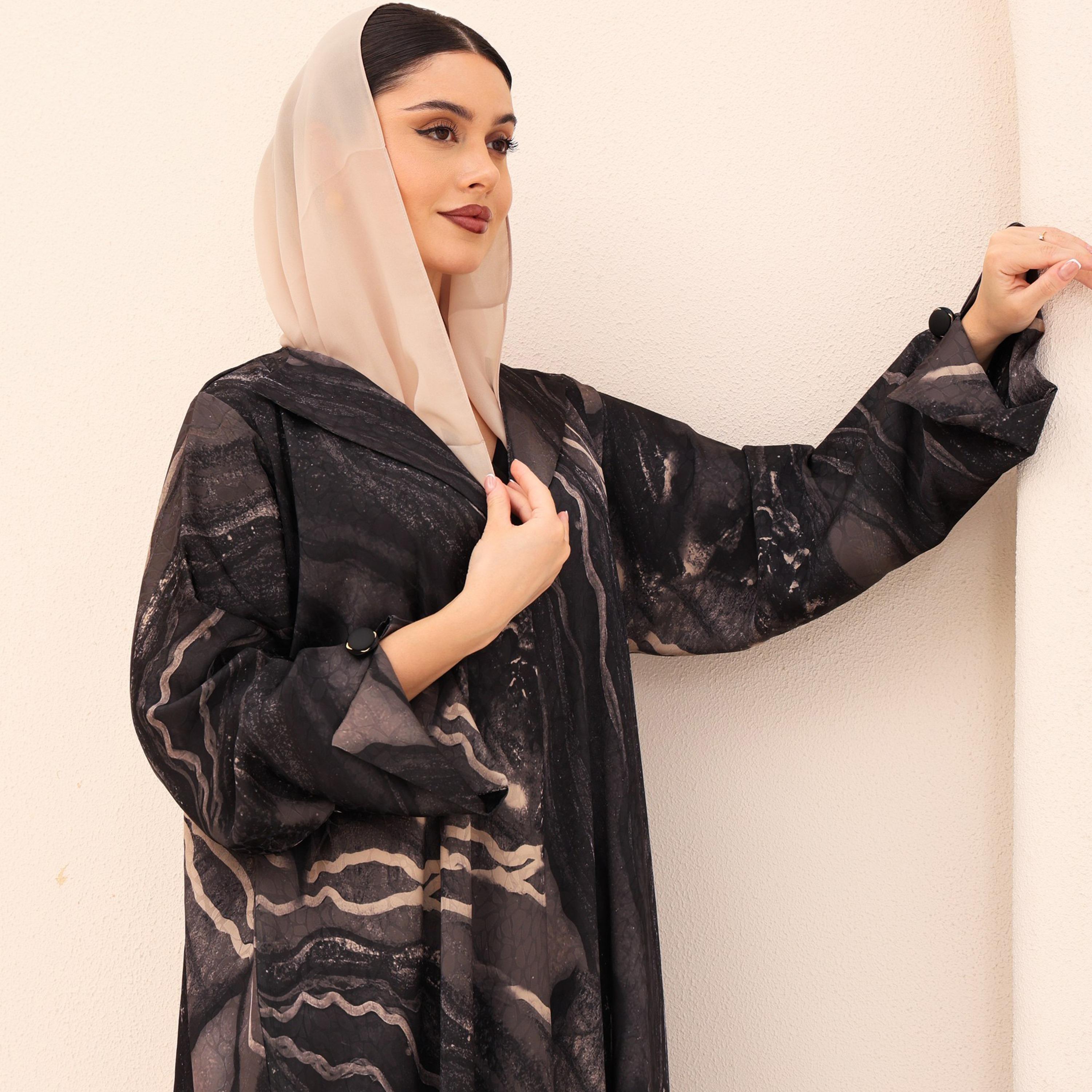 عباية للنساء من الجاكار بطبعة رخامية تجريدية وأكمام واسعة مع حجاب من إككسا-women-arabicclothing-abayas-image-2