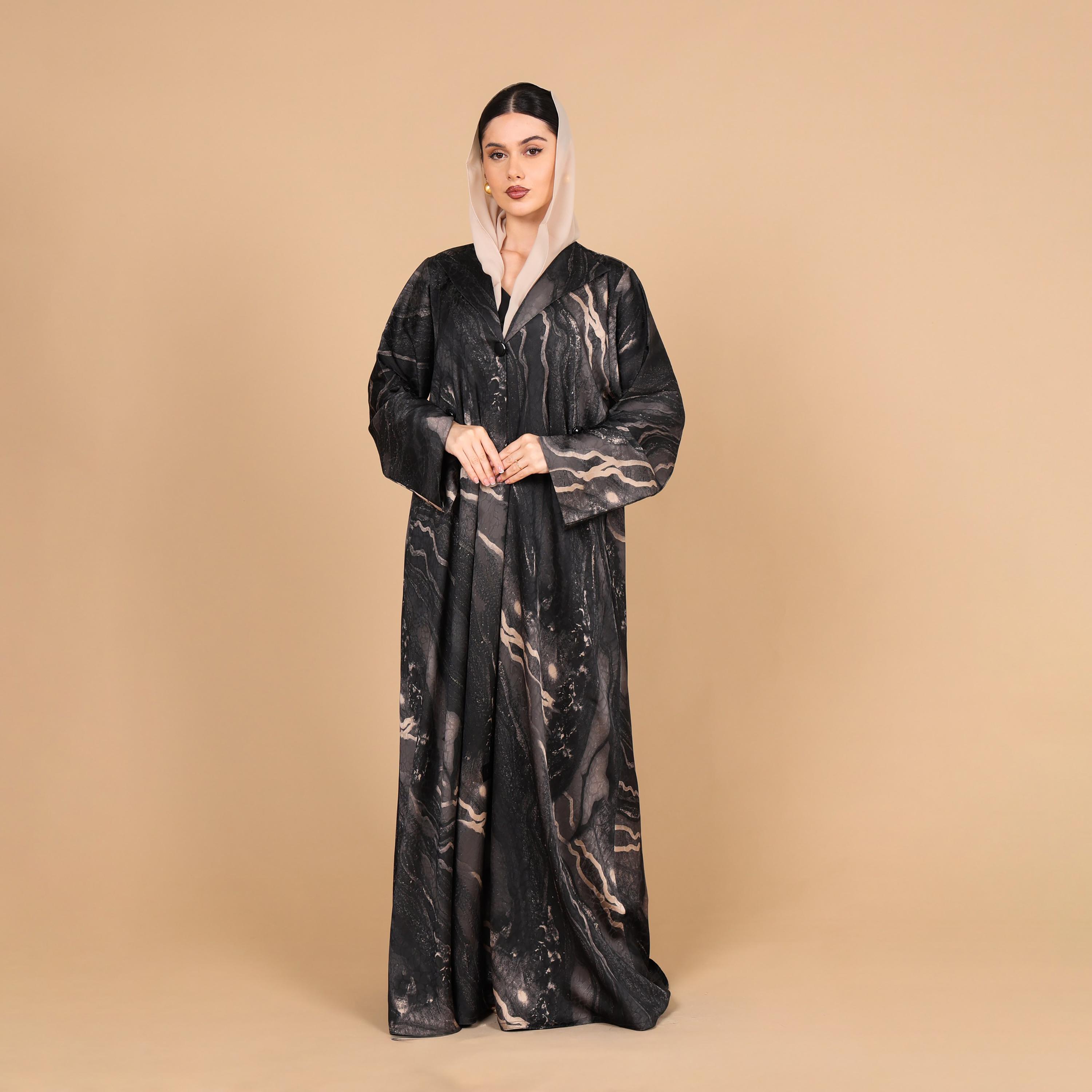 عباية للنساء من الجاكار بطبعة رخامية تجريدية وأكمام واسعة مع حجاب من إككسا-women-arabicclothing-abayas-image-3