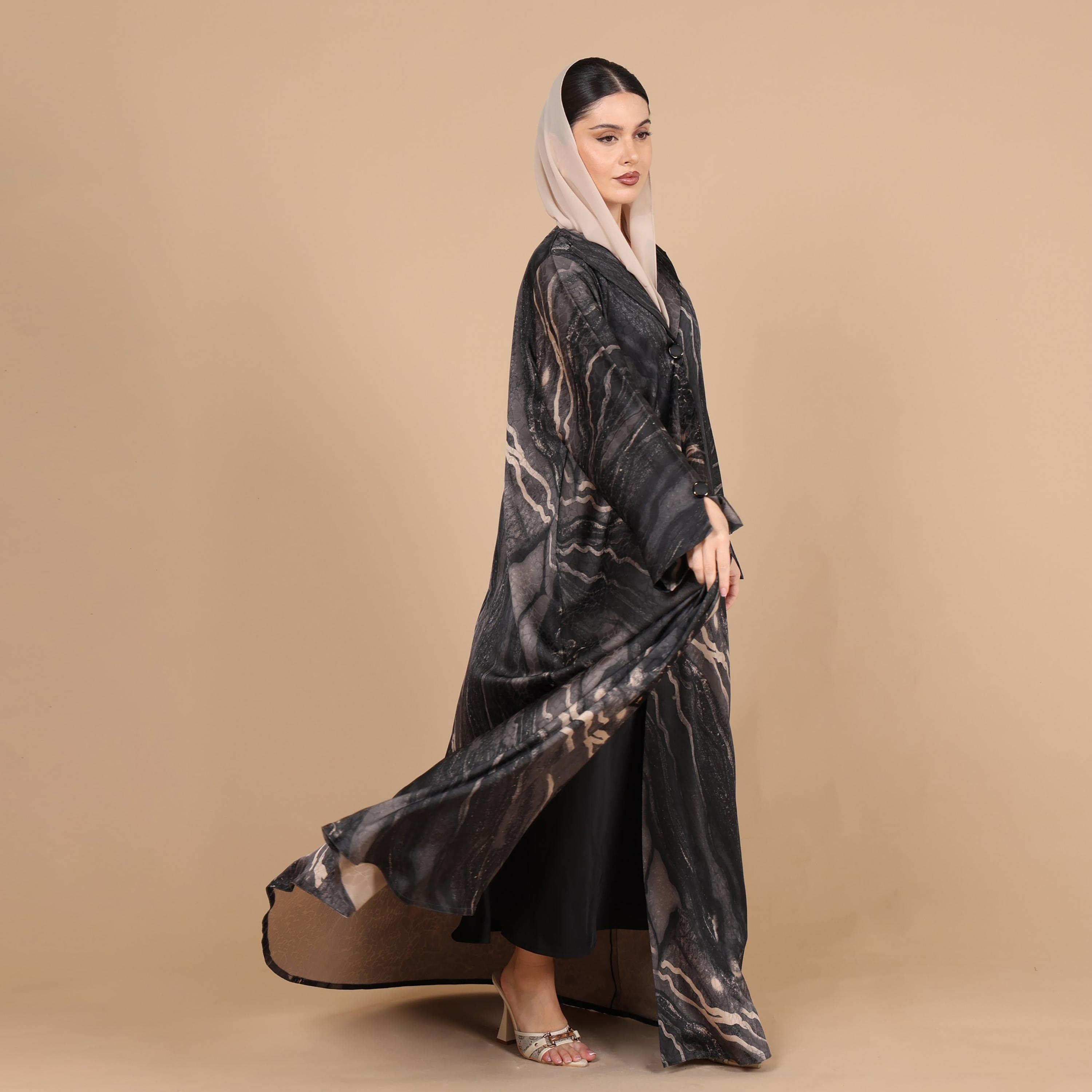 عباية للنساء من الجاكار بطبعة رخامية تجريدية وأكمام واسعة مع حجاب من إككسا-women-arabicclothing-abayas-image-4