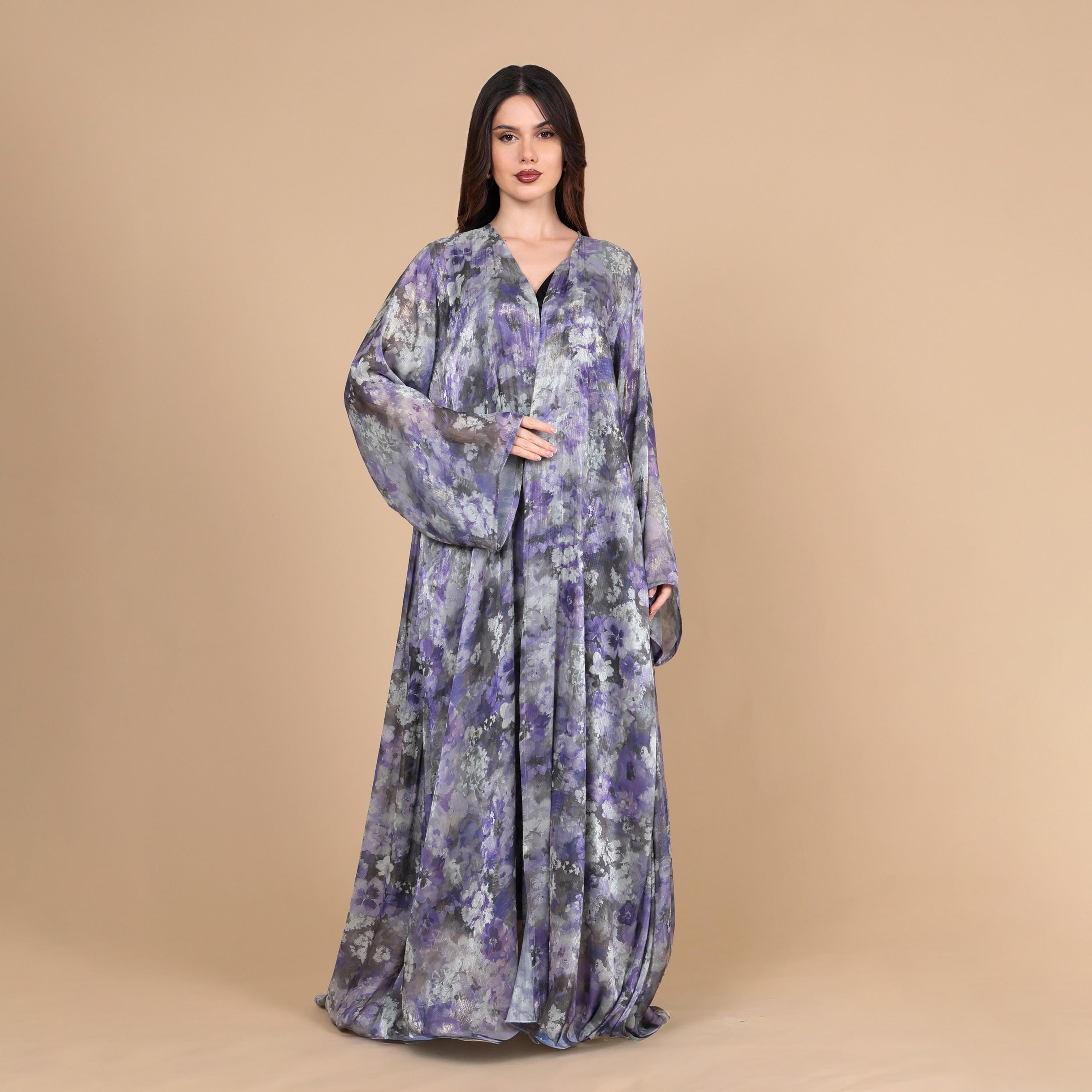 عباية للنساء من الأورجانزا بطبعة ربط وصبغ ألوان مائية وأكمام واسعة من إككسا-women-arabicclothing-abayas-image-1