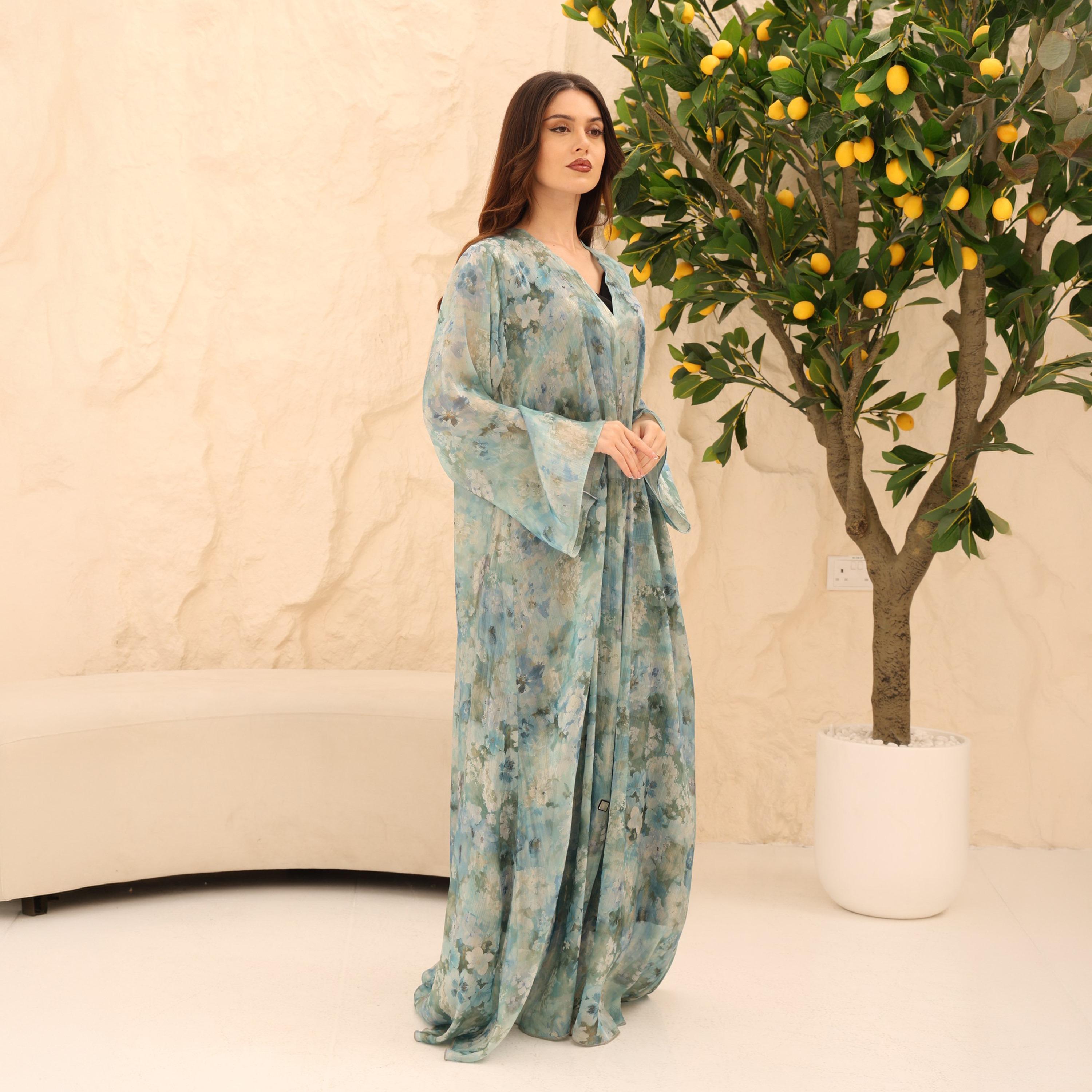 IKKXA Watercolor Tie-Dye Print Flared Sleeves Organza Women's Abaya-women-arabicclothing-abayas-image-1