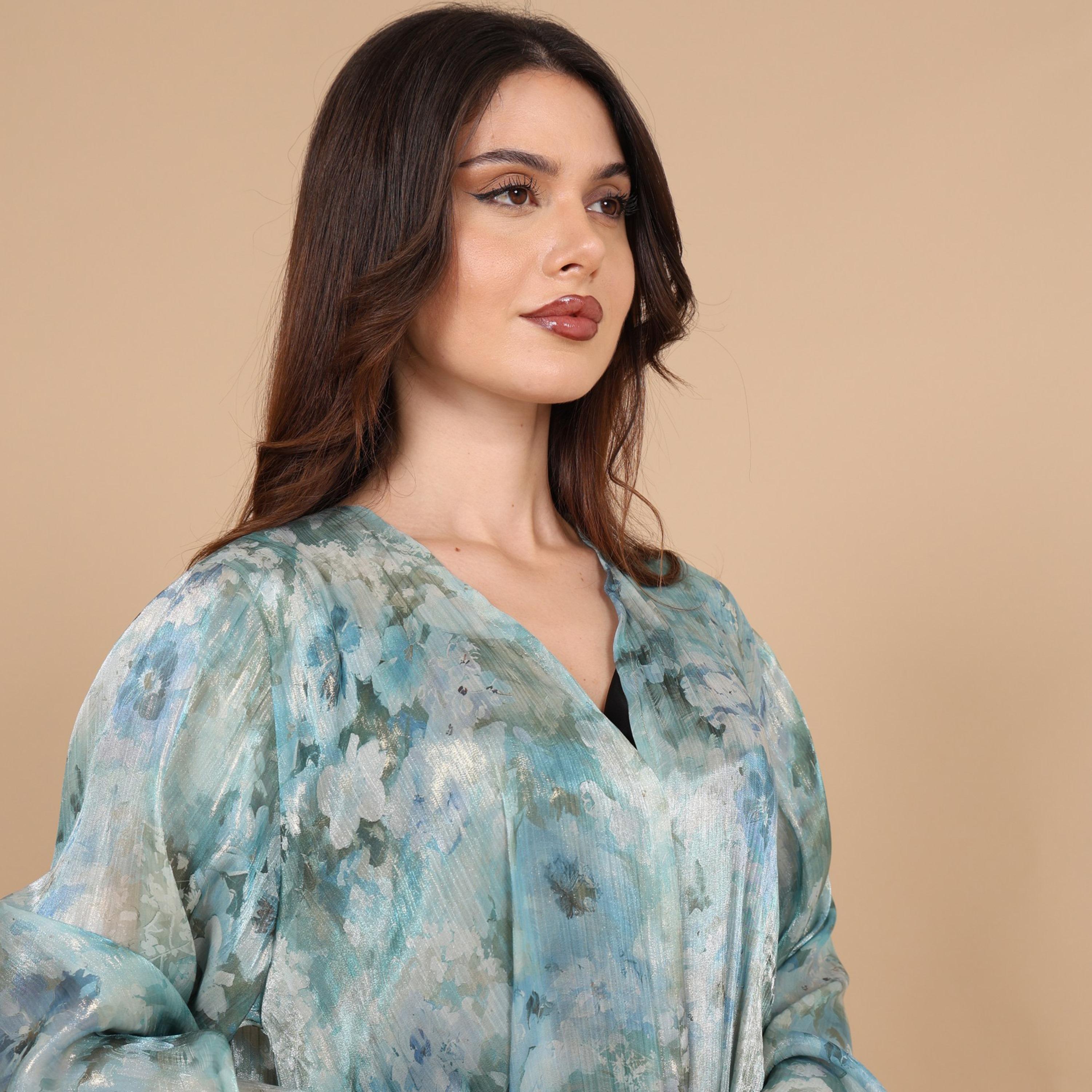 IKKXA Watercolor Tie-Dye Print Flared Sleeves Organza Women's Abaya-women-arabicclothing-abayas-image-2