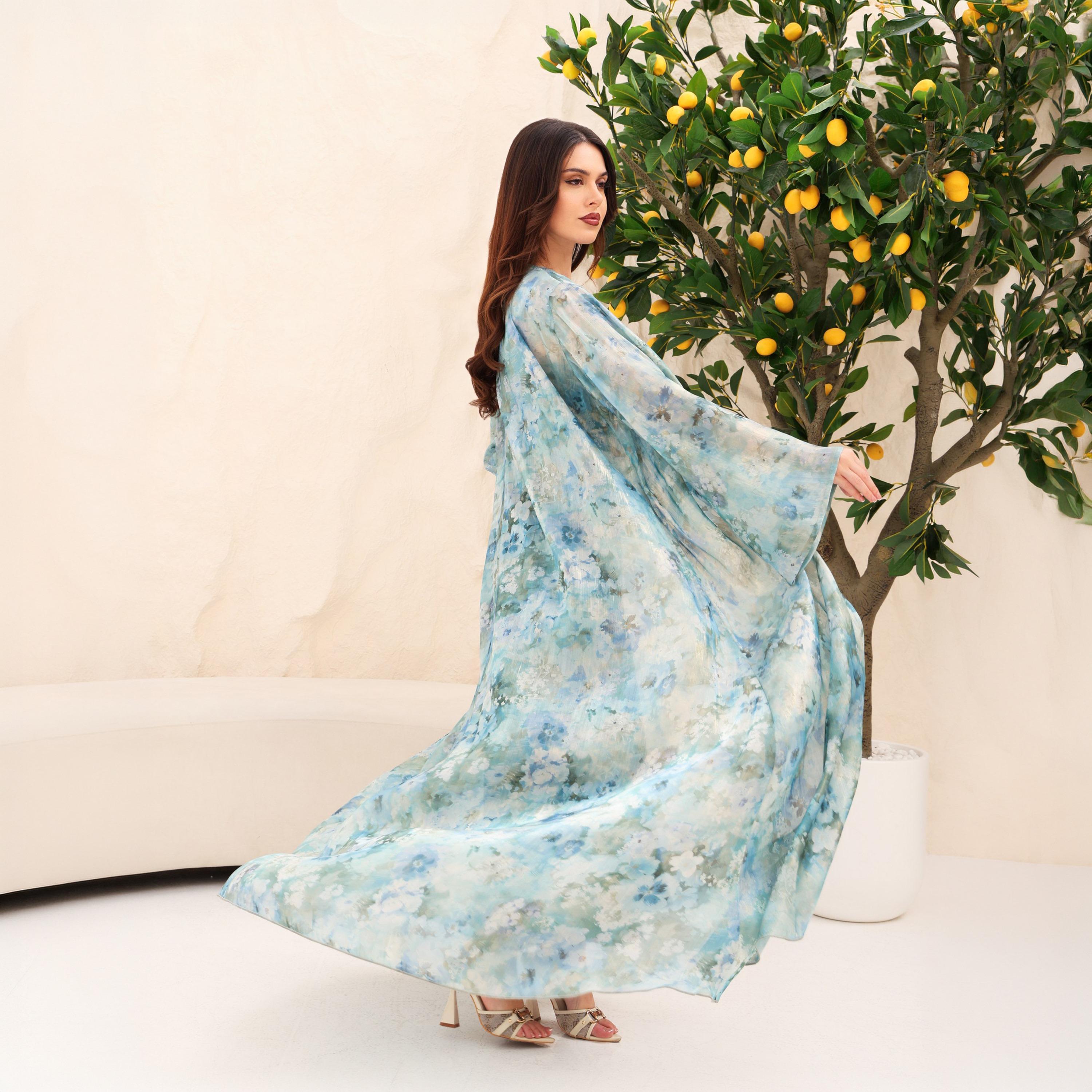 IKKXA Watercolor Tie-Dye Print Flared Sleeves Organza Women's Abaya-women-arabicclothing-abayas-image-3