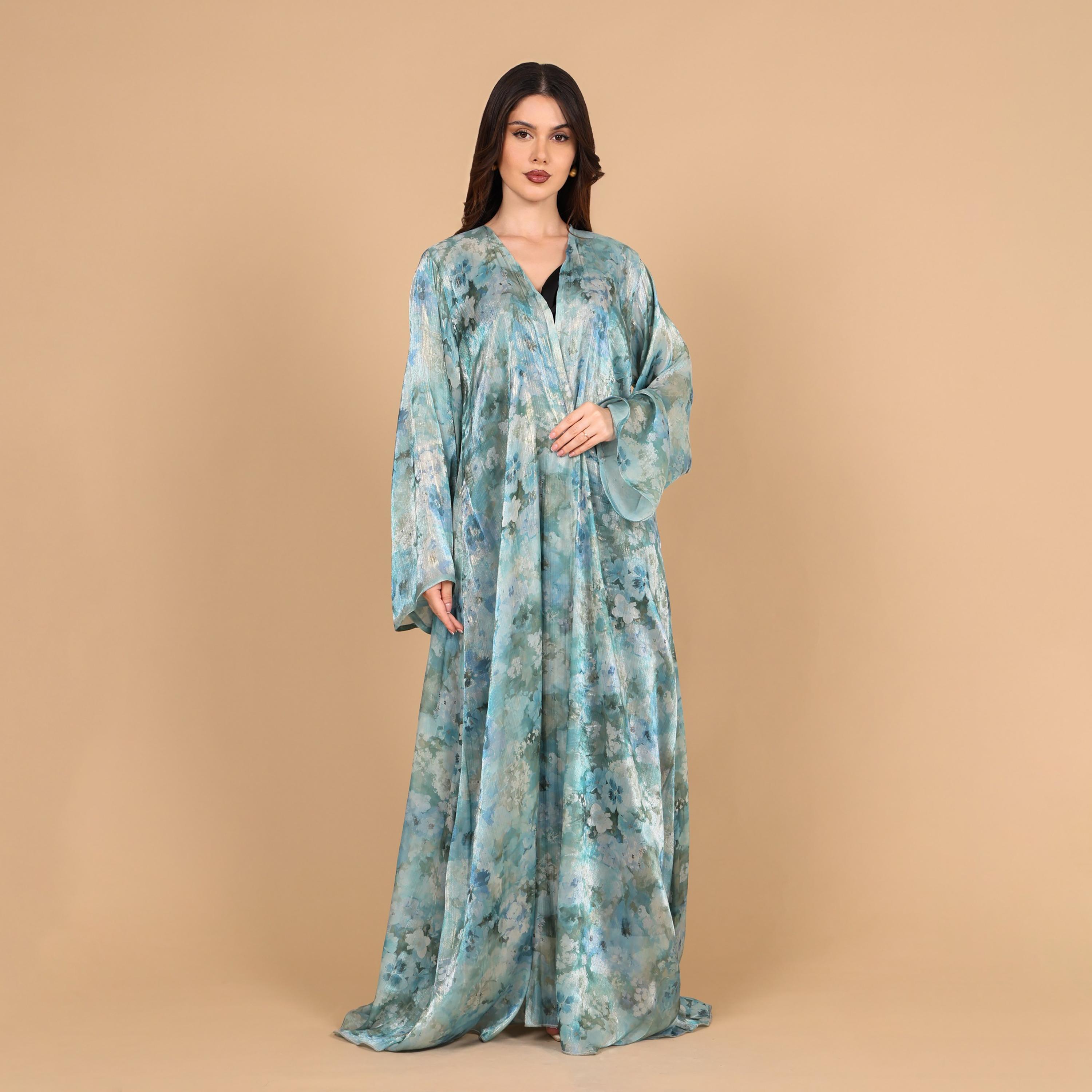 IKKXA Watercolor Tie-Dye Print Flared Sleeves Organza Women's Abaya-women-arabicclothing-abayas-image-4