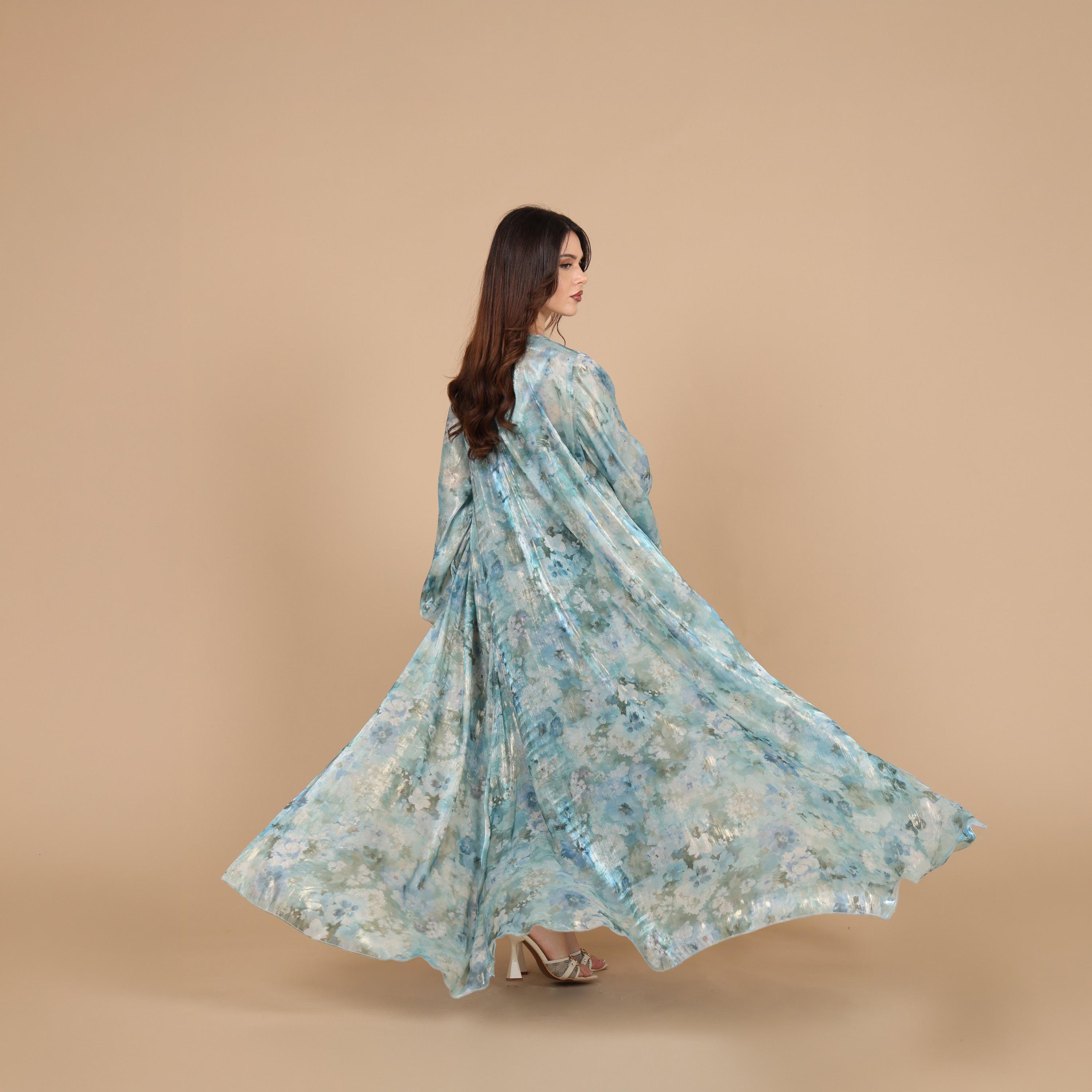 IKKXA Watercolor Tie-Dye Print Flared Sleeves Organza Women's Abaya-women-arabicclothing-abayas-image-5