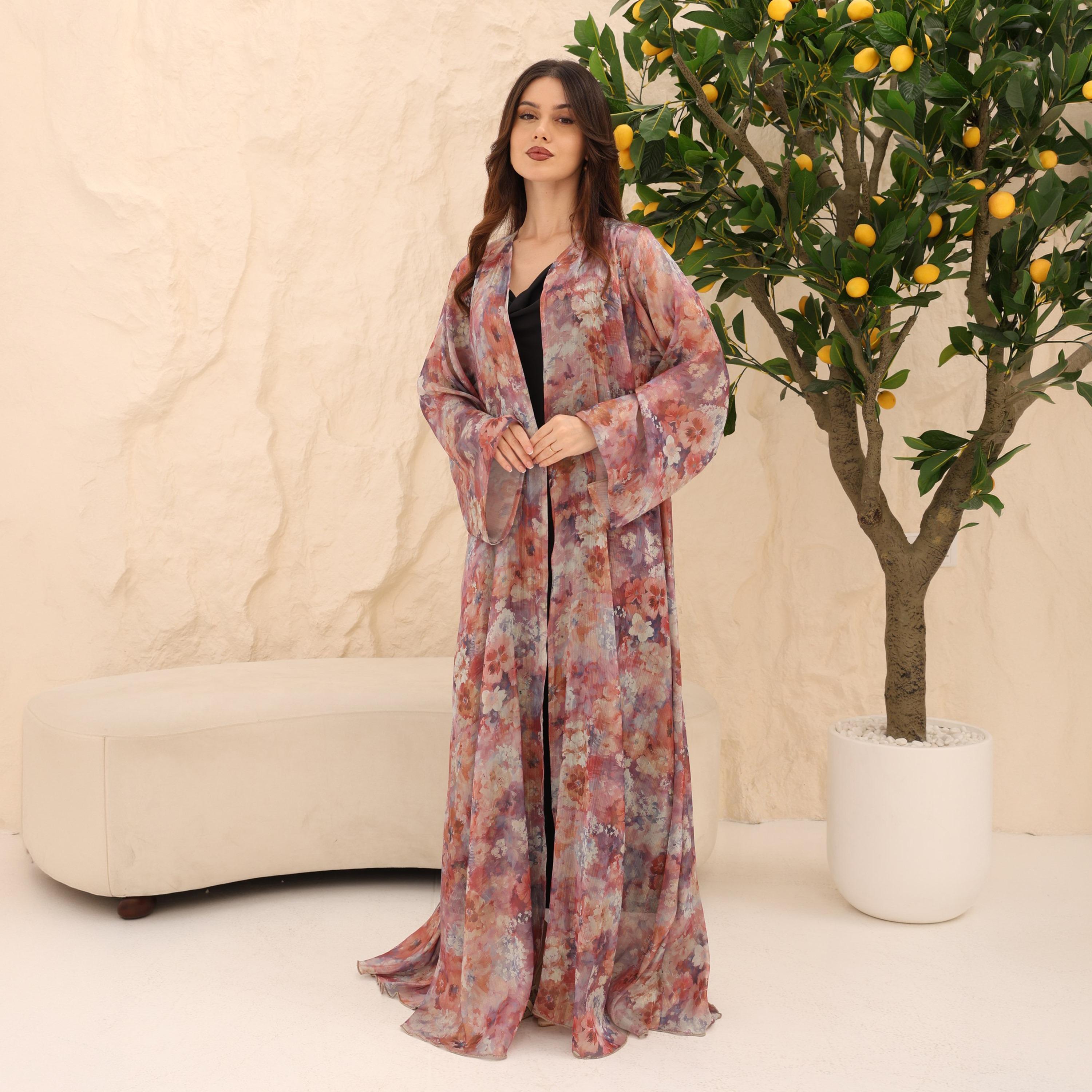 عباية للنساء من الأورجانزا بطبعة ربط وصبغ ألوان مائية وأكمام واسعة من إككسا-women-arabicclothing-abayas-image-16