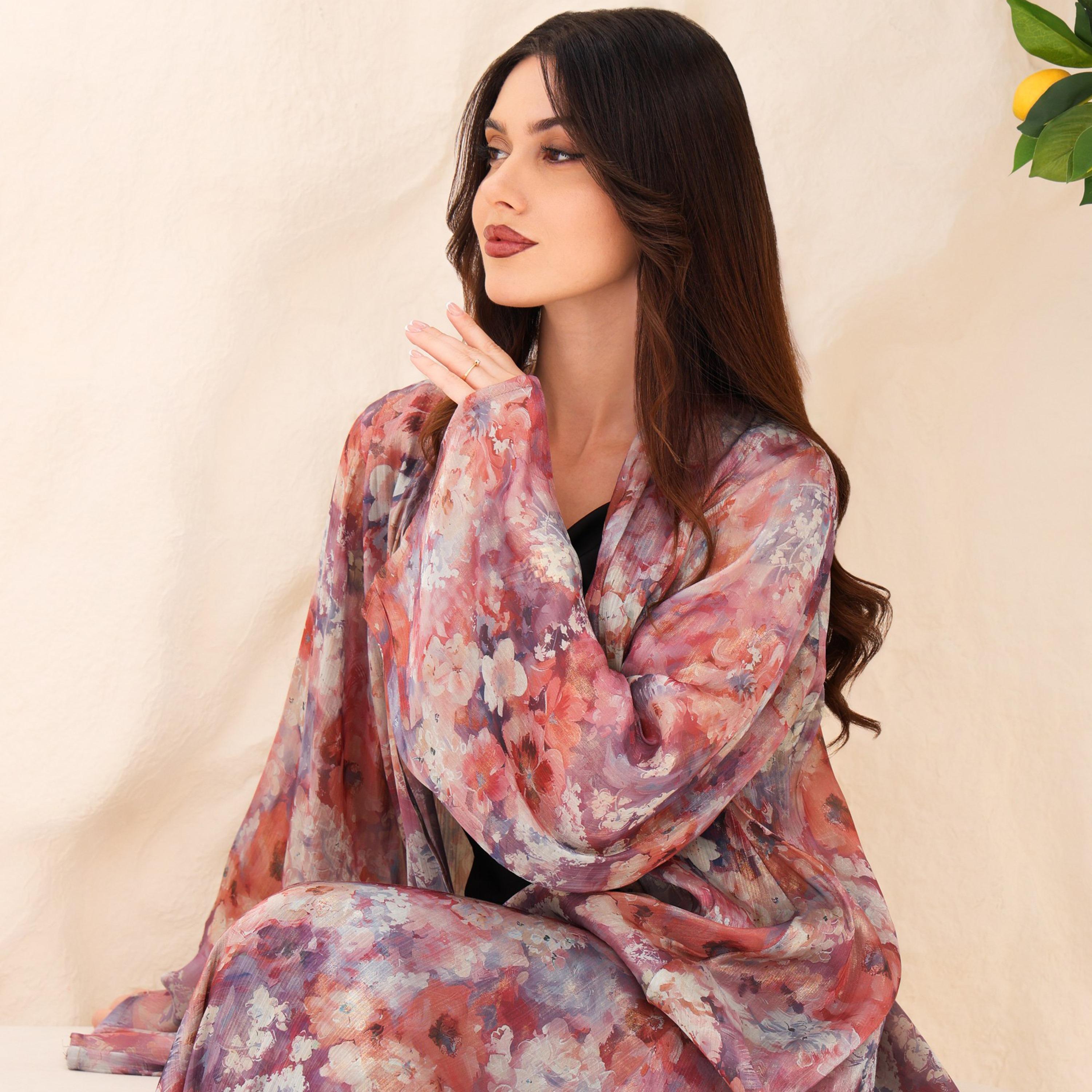 عباية للنساء من الأورجانزا بطبعة ربط وصبغ ألوان مائية وأكمام واسعة من إككسا-women-arabicclothing-abayas-image-17