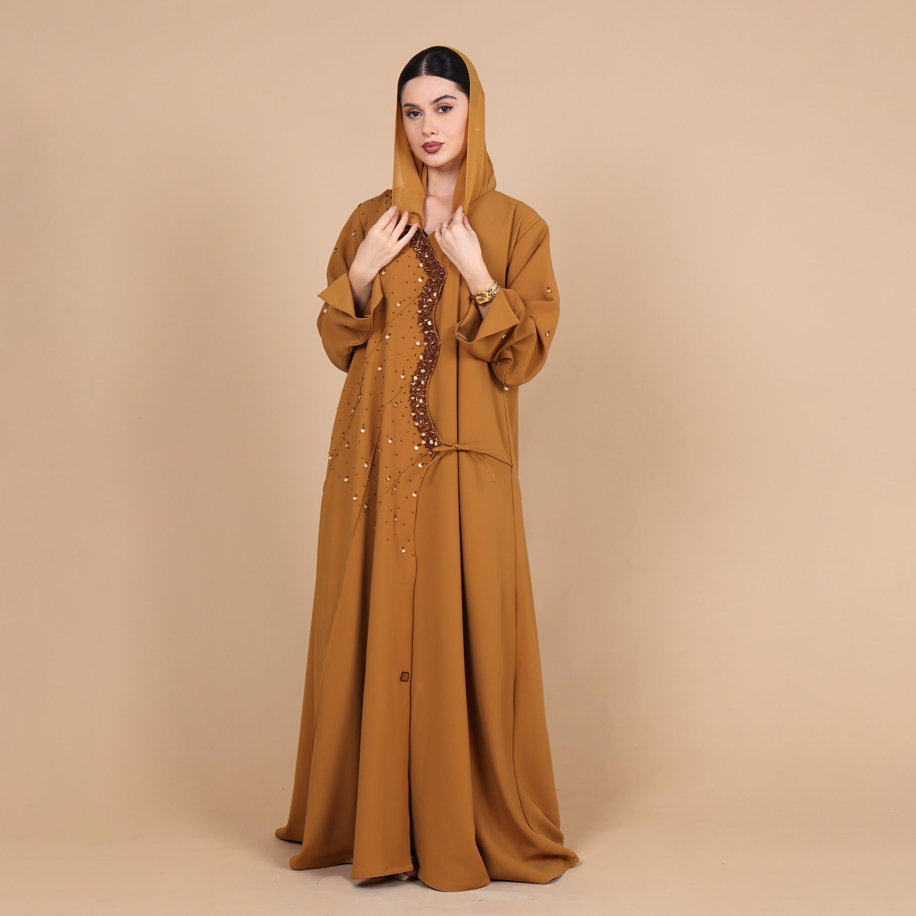 IKKXA Mustard Beaded Trim Crepe Women's Evening Abaya with Hijab-women-arabicclothing-abayas-image-1
