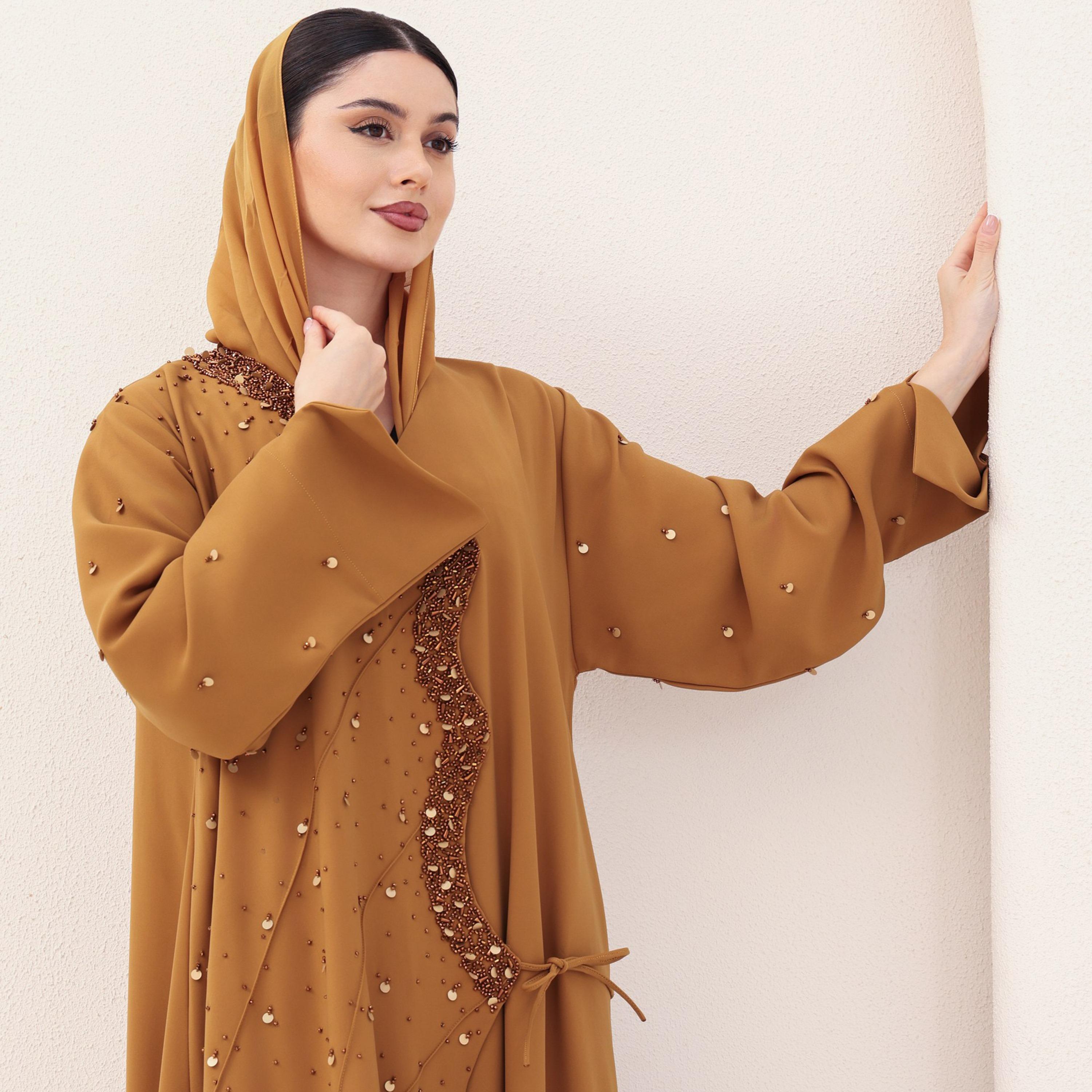 IKKXA Mustard Beaded Trim Crepe Women's Evening Abaya with Hijab-women-arabicclothing-abayas-image-2