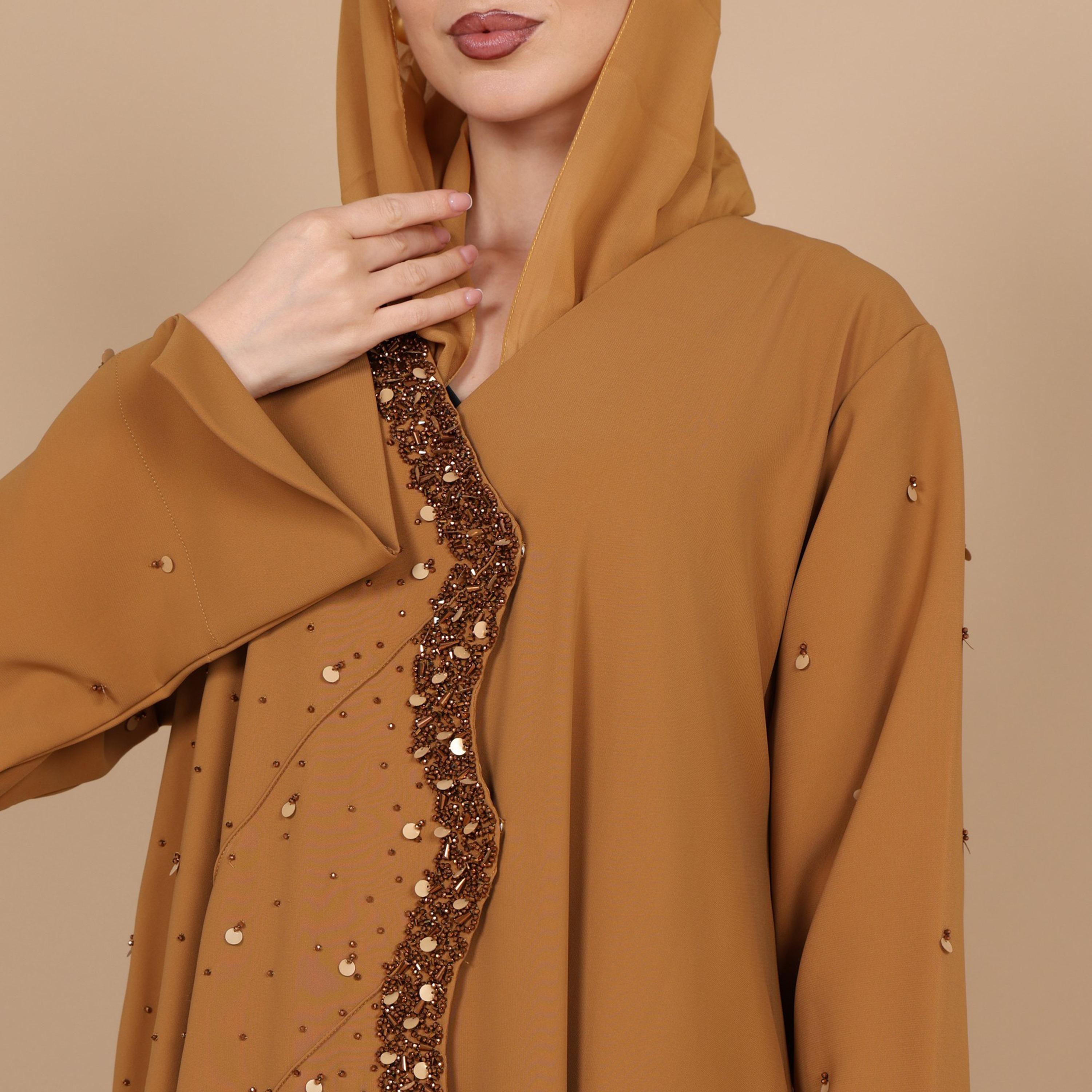 IKKXA Mustard Beaded Trim Crepe Women's Evening Abaya with Hijab-women-arabicclothing-abayas-image-3