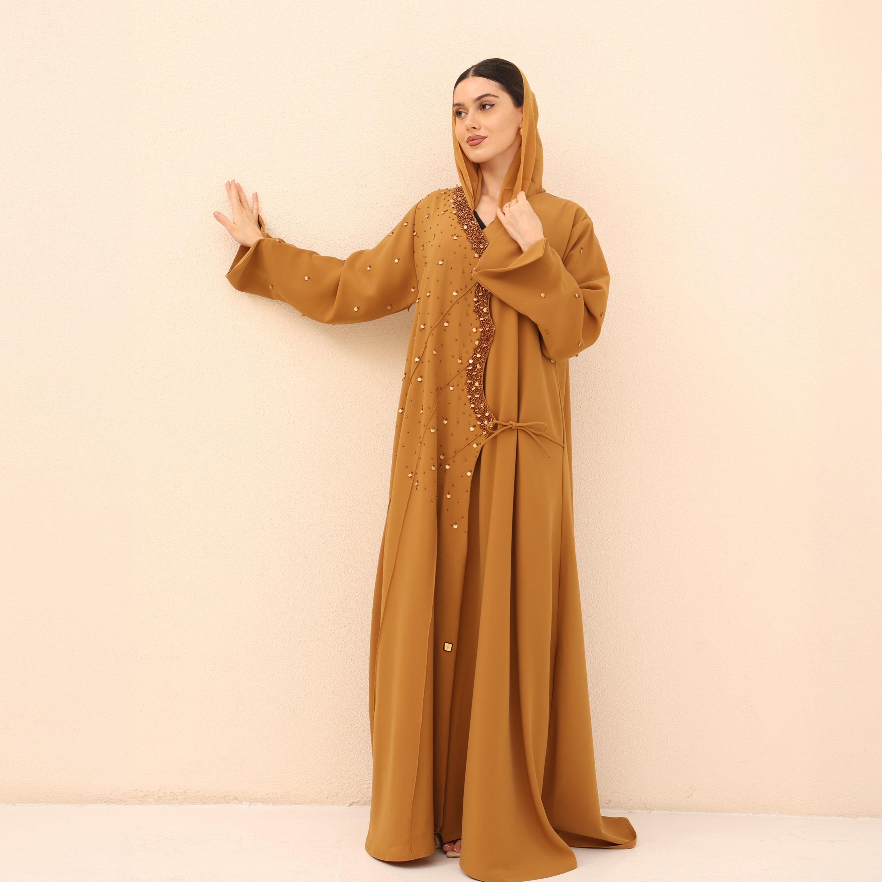 IKKXA Mustard Beaded Trim Crepe Women's Evening Abaya with Hijab-women-arabicclothing-abayas-image-4