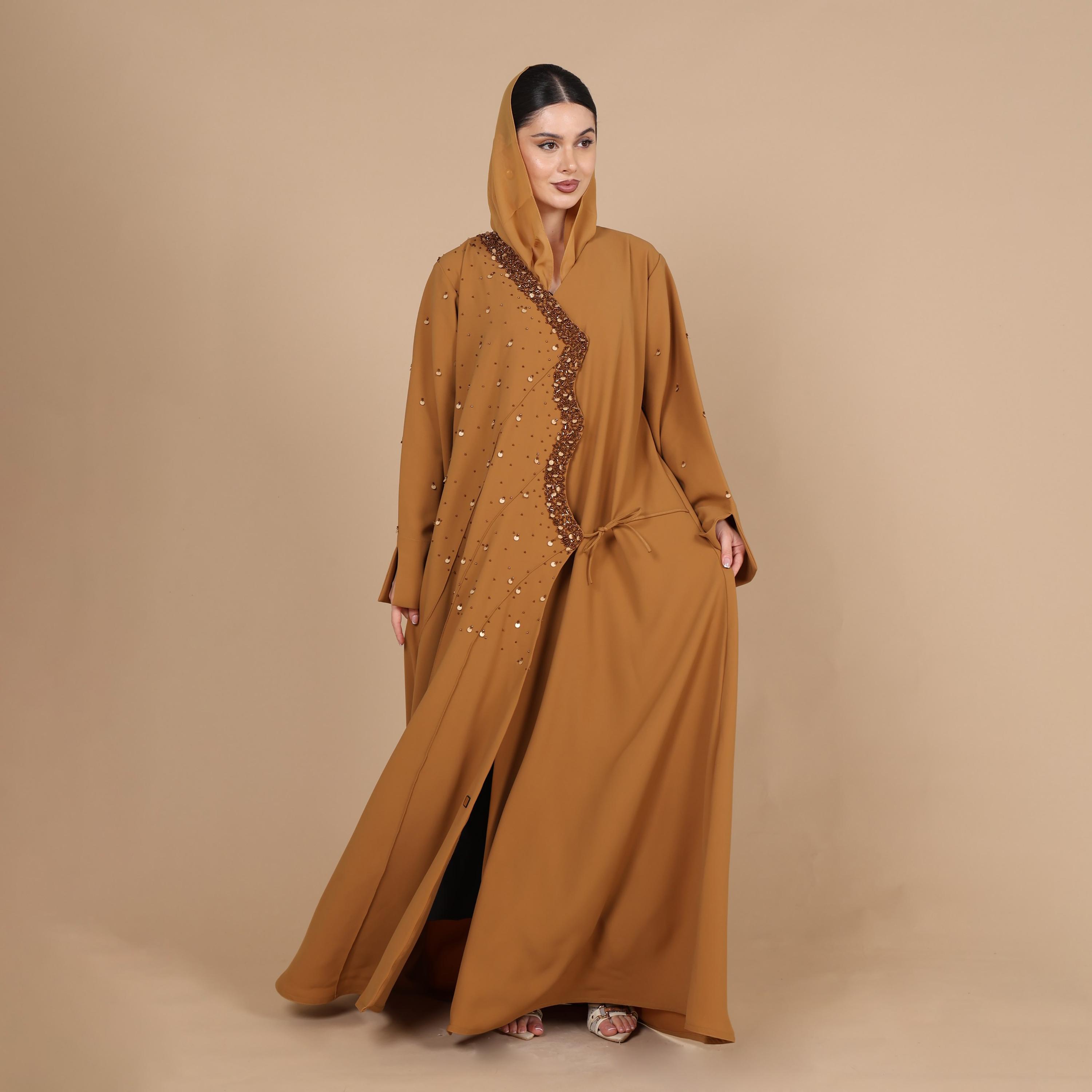 IKKXA Mustard Beaded Trim Crepe Women's Evening Abaya with Hijab-women-arabicclothing-abayas-image-5